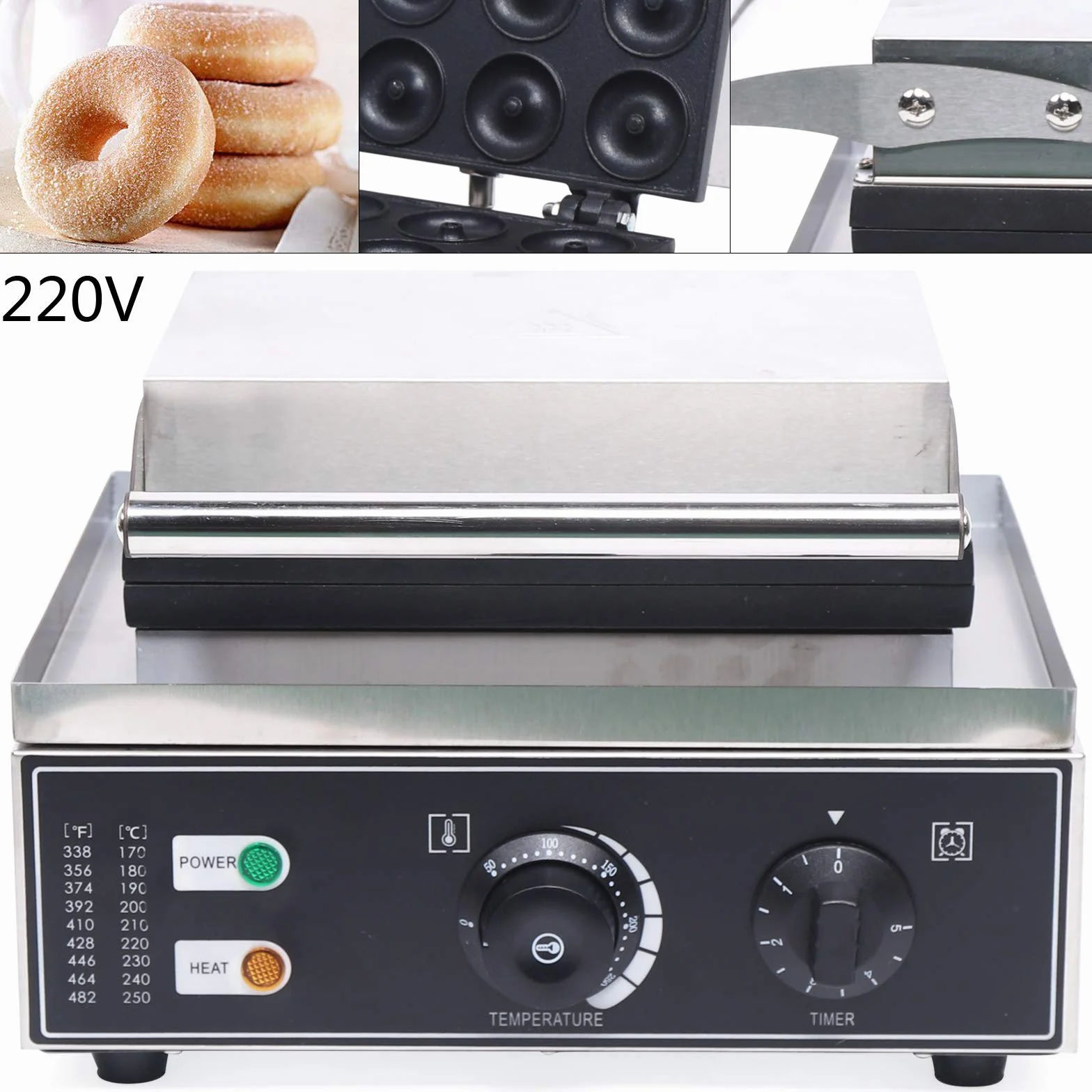 Máquina de donuts eléctrica 1550 W, 12 moldes antiadherentes – Freidora profesional para café, panadería y hogar | Ajuste de temperatura 50-300 °C y temporizador, acero inoxidable, 220 V