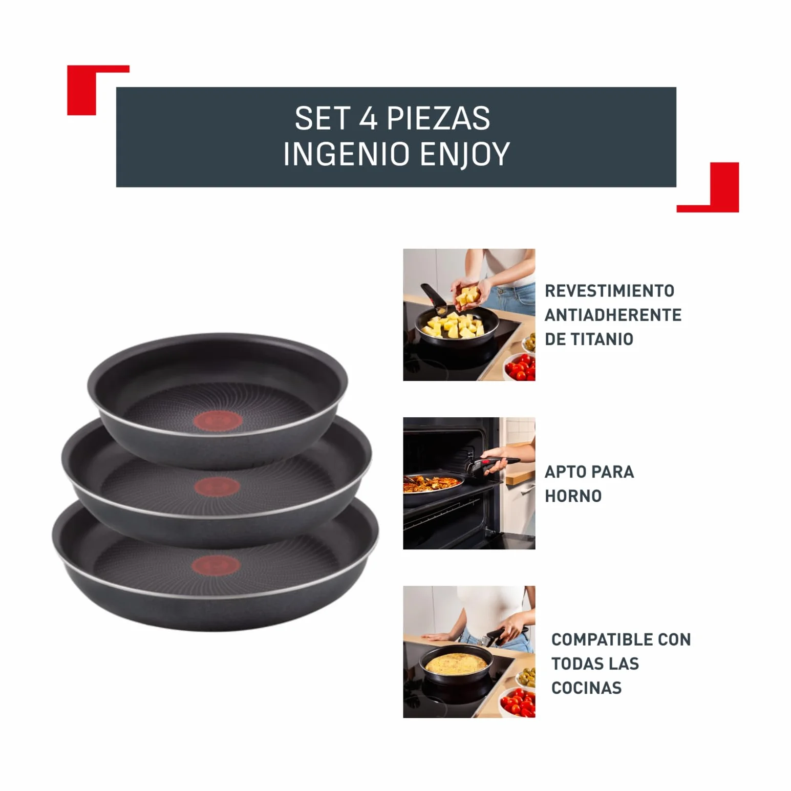 Tefal Ingenio Enjoy Juego de 3 Sartenes 22/24/28 cm Mango extraíble Apto inducción Antiadherentes Titanio Thermo-signal