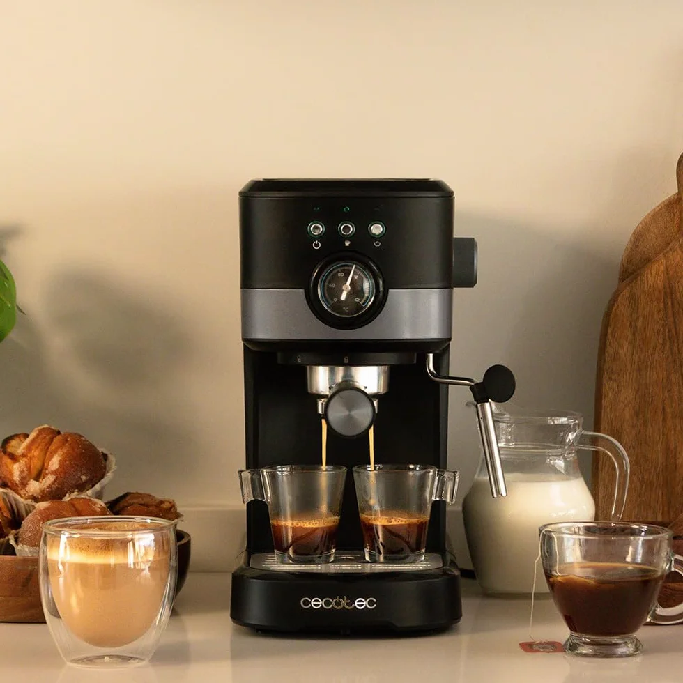 Cecotec Cafetera Express Power Espresso 20 Pecan Pro 1100W 20bars ForceAroma Vaporizador Orientable Brazo Doble Negro