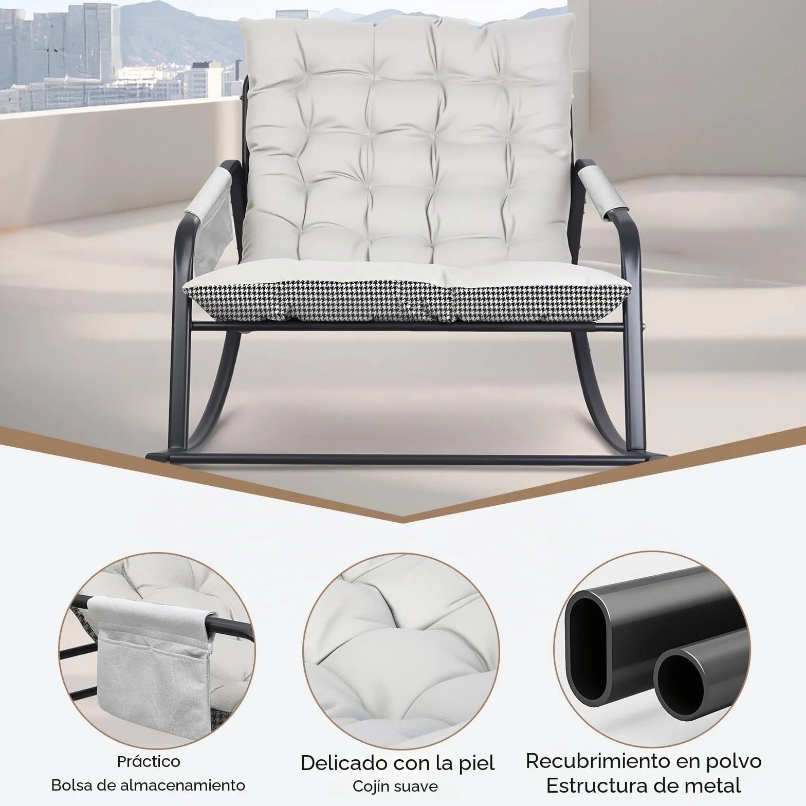 Mecedora para interior y exterior, ergonómica, para salón, silla de relax con acolchado, soporta hasta 300 kg, para jardín, dormitorio, salón, esquina, porche (beige)