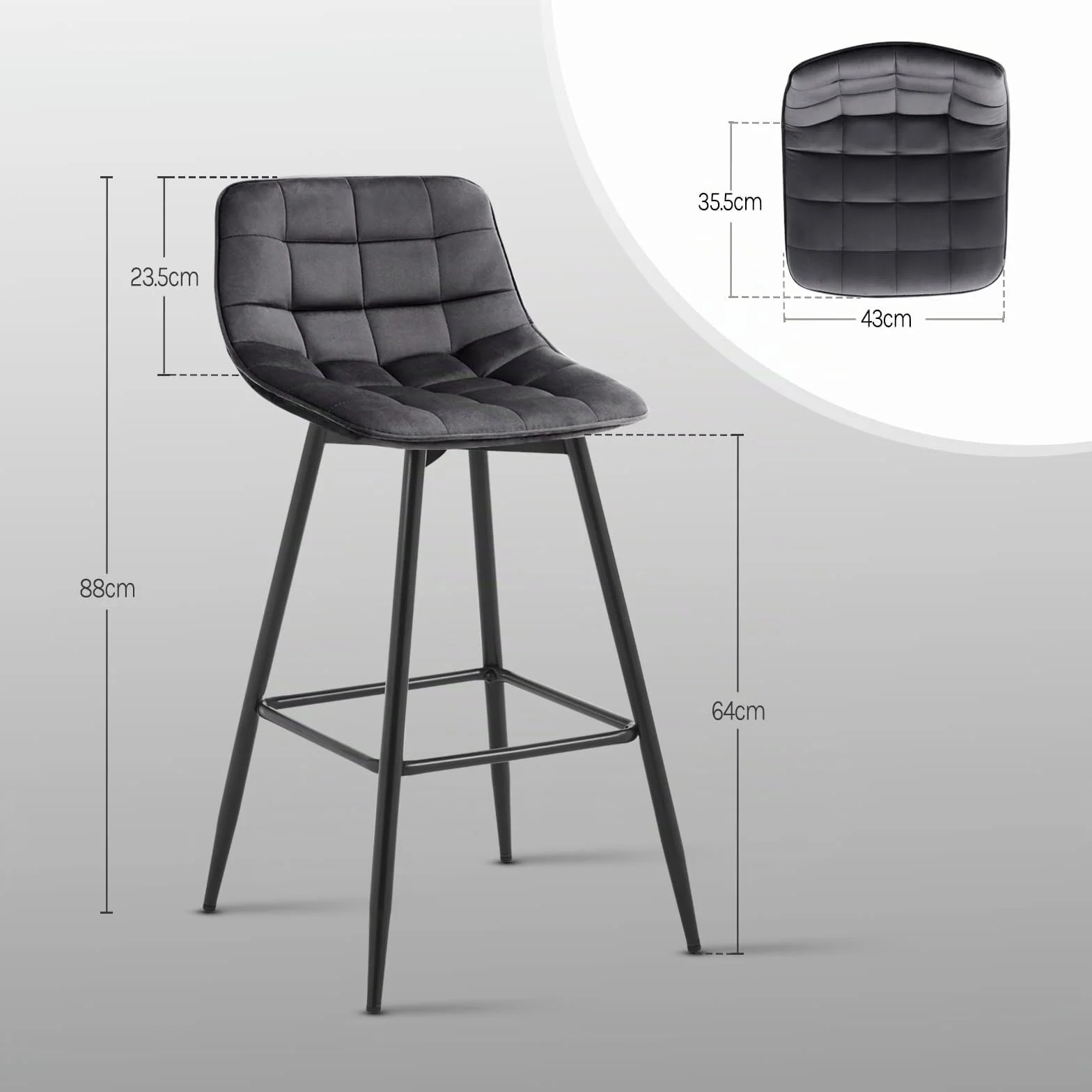 WOLTU Taburete de Bar Juego de 2 con Respaldo de Marco de Metal Asiento, Terciopelo, Gris Oscuro