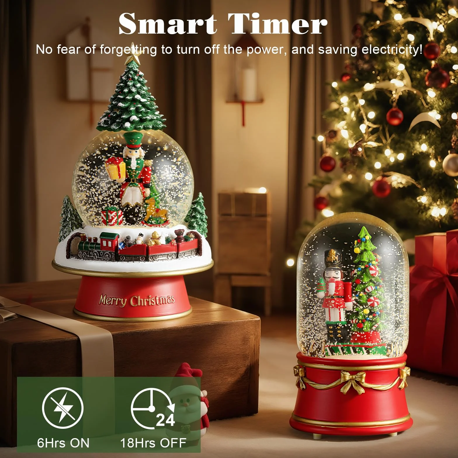Lewondr Globo de Nieve Navideño, Globo de Cristal con 8 Canciones Navideñas, Caja de Música Eléctrica Reno con Cascanueces y árbol de Navidad, Decoración de Navidad para Chimenea de Dormitorio