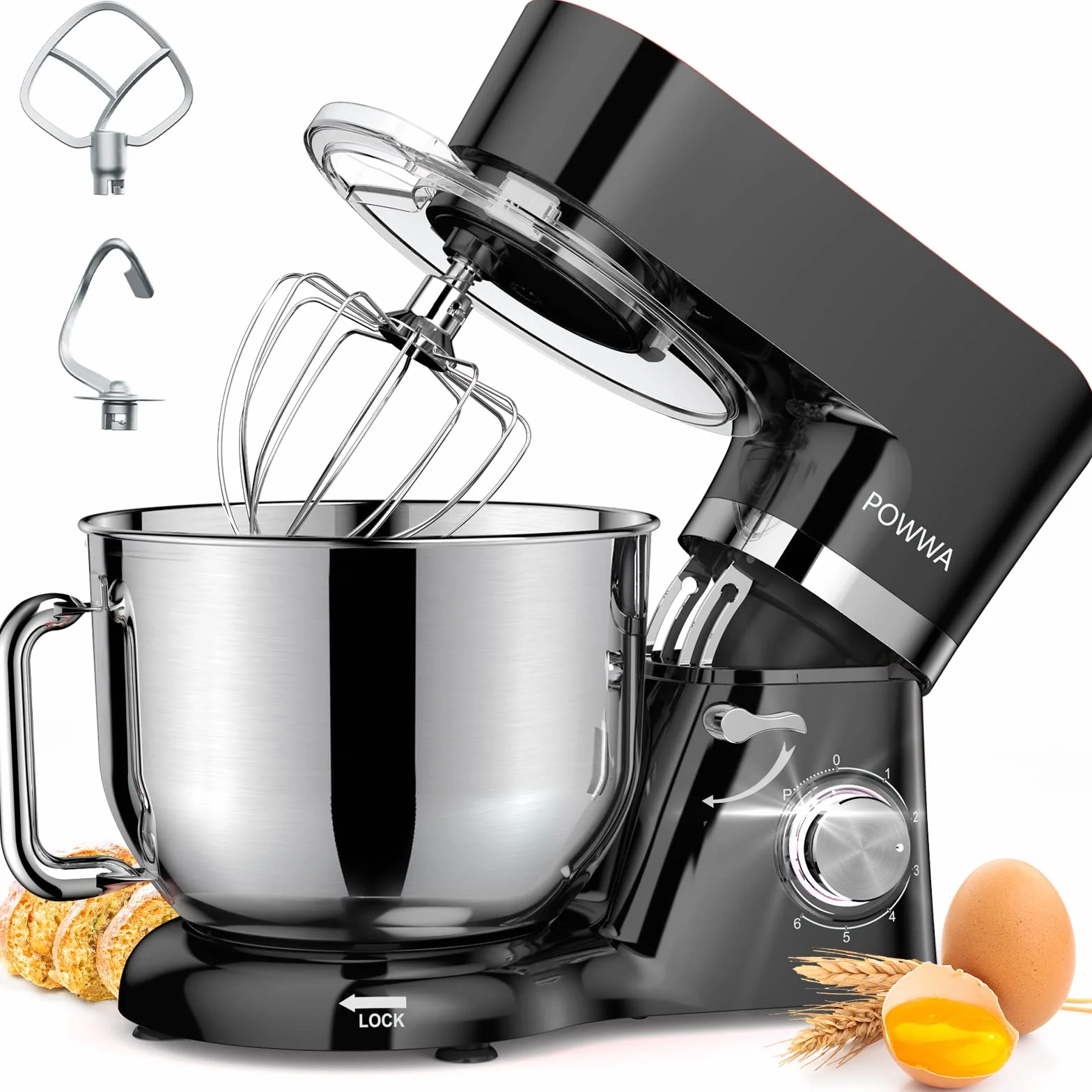 Batidora Amasadora, POWWA Amasadora de Pan Repostería 1500W, 6 Velocidades con Pulso, Potente y Bajo Ruido, Robot de Cocina Amasador Multifuncional, Bol de Acero Inoxidable 5.5 L Capacidad