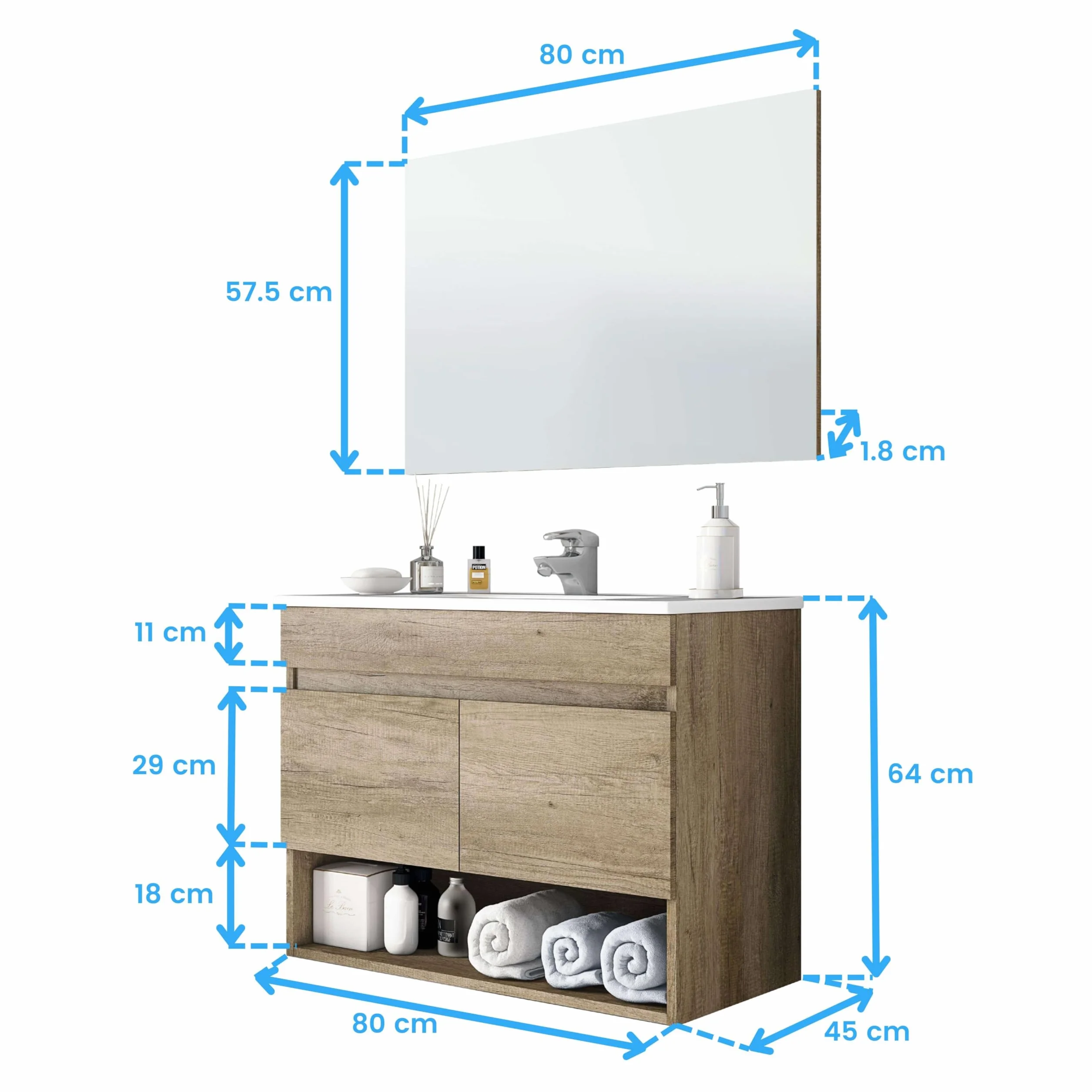 Pack de Muebles de Baño en Color Roble Nordik formado por Mueble de Baño, Espejo y Lavabo Cerámico (Tamaño de la Columna Opcional)