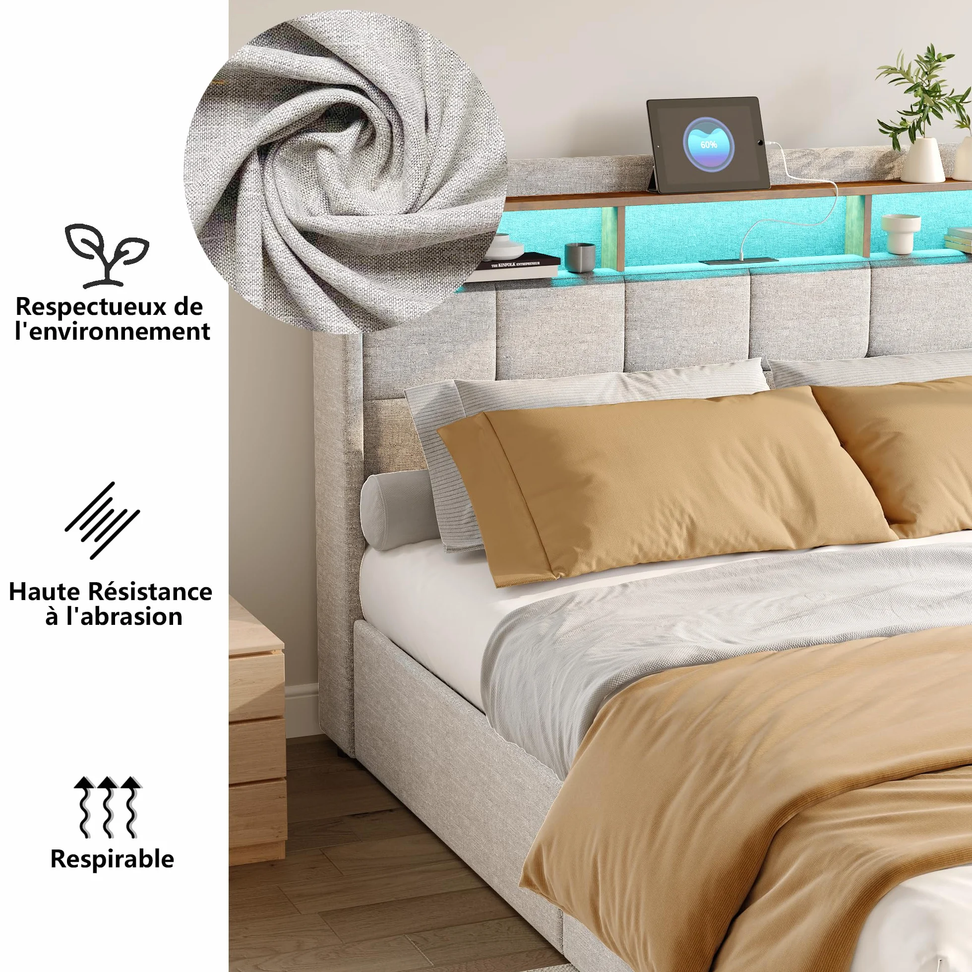 Cama Tapizada 160x200 con Espacio de Almacenamiento, Cama Matrimonial con Toma USB y luz LED, Cama Juvenil con 4 Cajones, Estructura de Cama con cabecero y somier, Tela de Lino, Sin Colchón, Beige A
