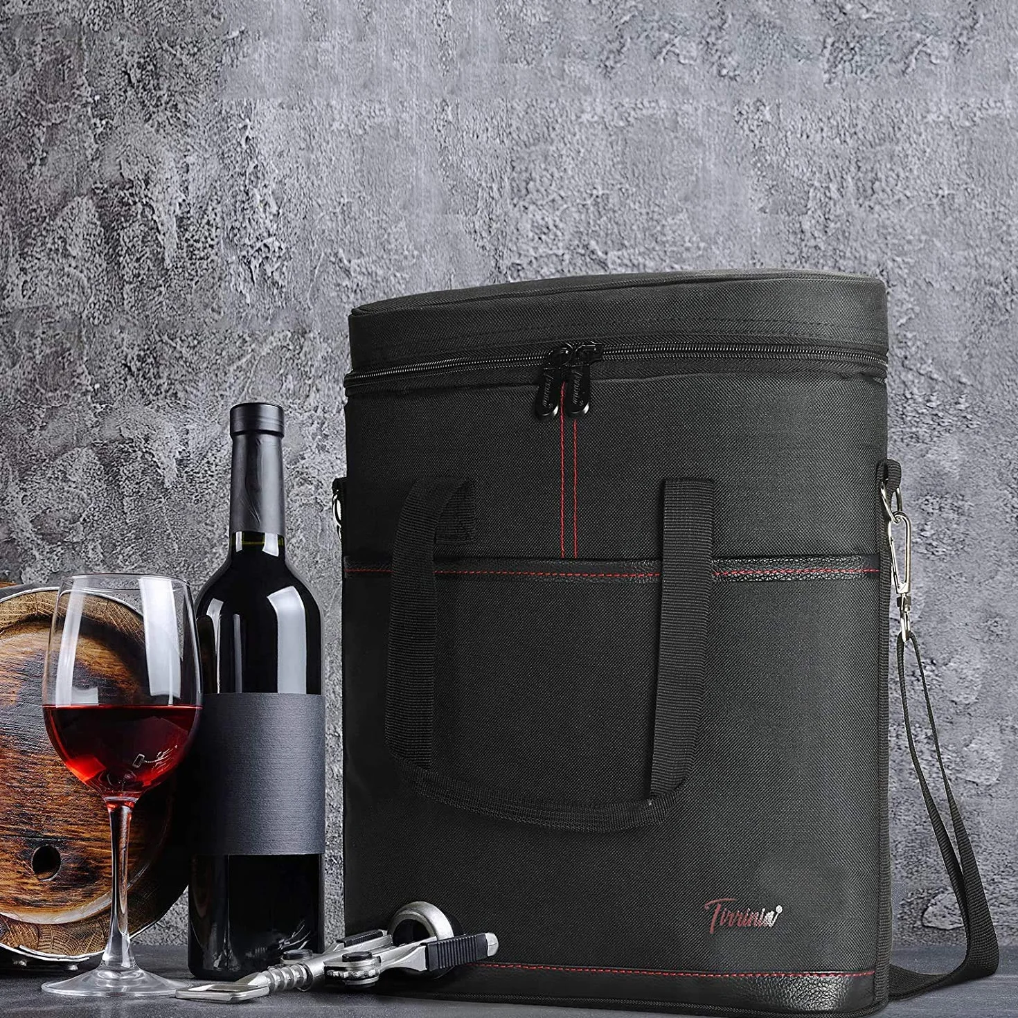 Bolsa de vino aislada Kato Tirrinia 3 botellas negro 29x10x33 cm asa correa hombro ajustable