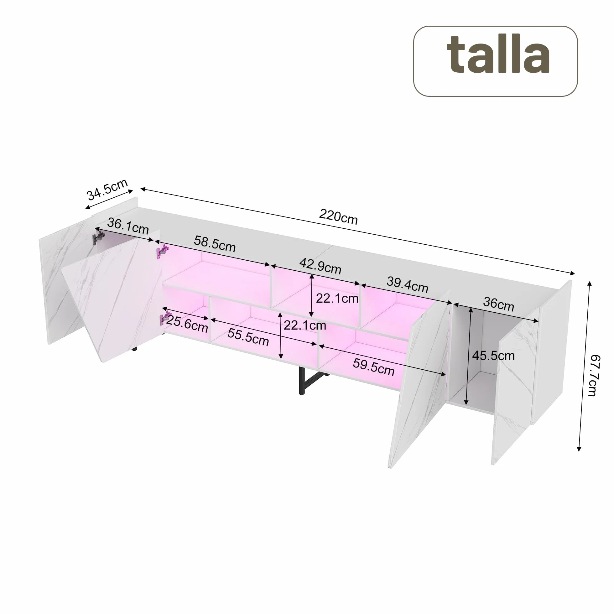 BRILVERDE Mueble de TV con iluminación LED de mármol blanco brillante, 220 cm, mueble bajo para TV con puerta, espacio de almacenamiento y aparadores, para salón (blanco, 220 cm)