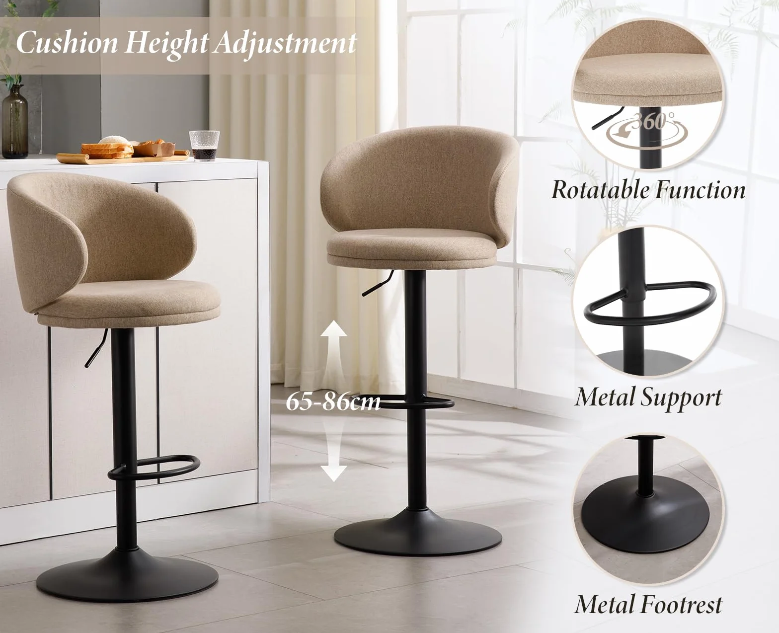 chairus Juego 2 de Taburetes de Bar Altura Ajustable Taburetes de Cocina Moderno con Respaldo, Sillas Altas Mostrador Tapizadas de Tela Taburetes Barra Cómodo con Base de Metal para Hogar, Caqui