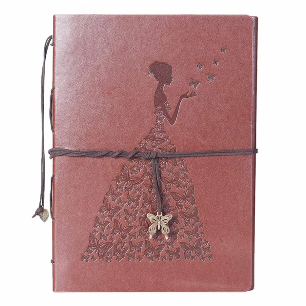 Nuevo álbum de fotos de cuero de PU Vintage tallado hecho a mano Álbum de bricolaje Amantes de fotos Álbumes de fotos de bebés Ablum Álbum de recortes Artesanías de papel adhesivo, mariposa femenina