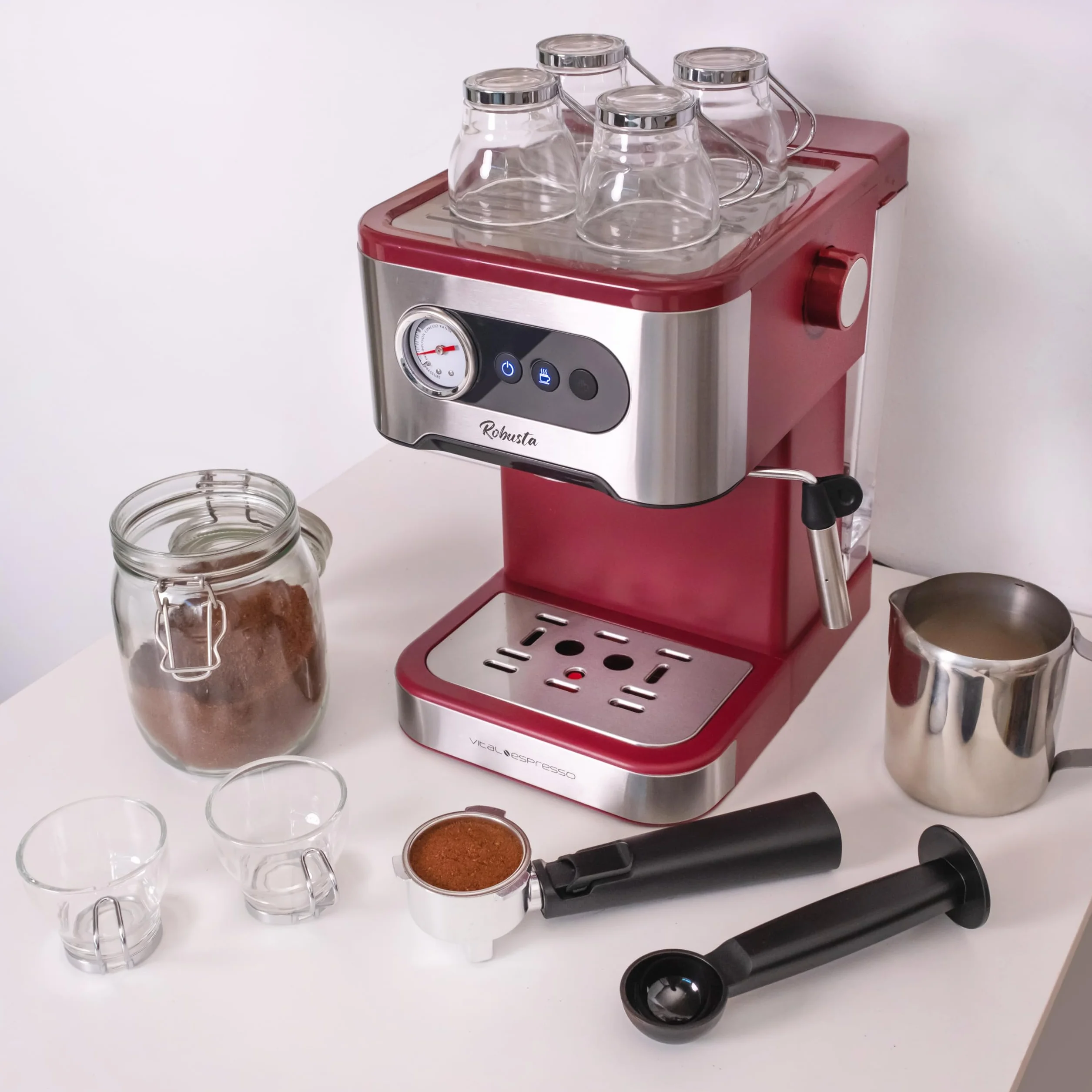 Cafetera Espresso 20 Bares Express Semiautomatica Cappuccino Latte Vaporizador Leche Thermoblock Calentamiento Rapido Portafiltros Molido Acero Inoxidable Frio Caliente Bandeja Goteo Calientatazas