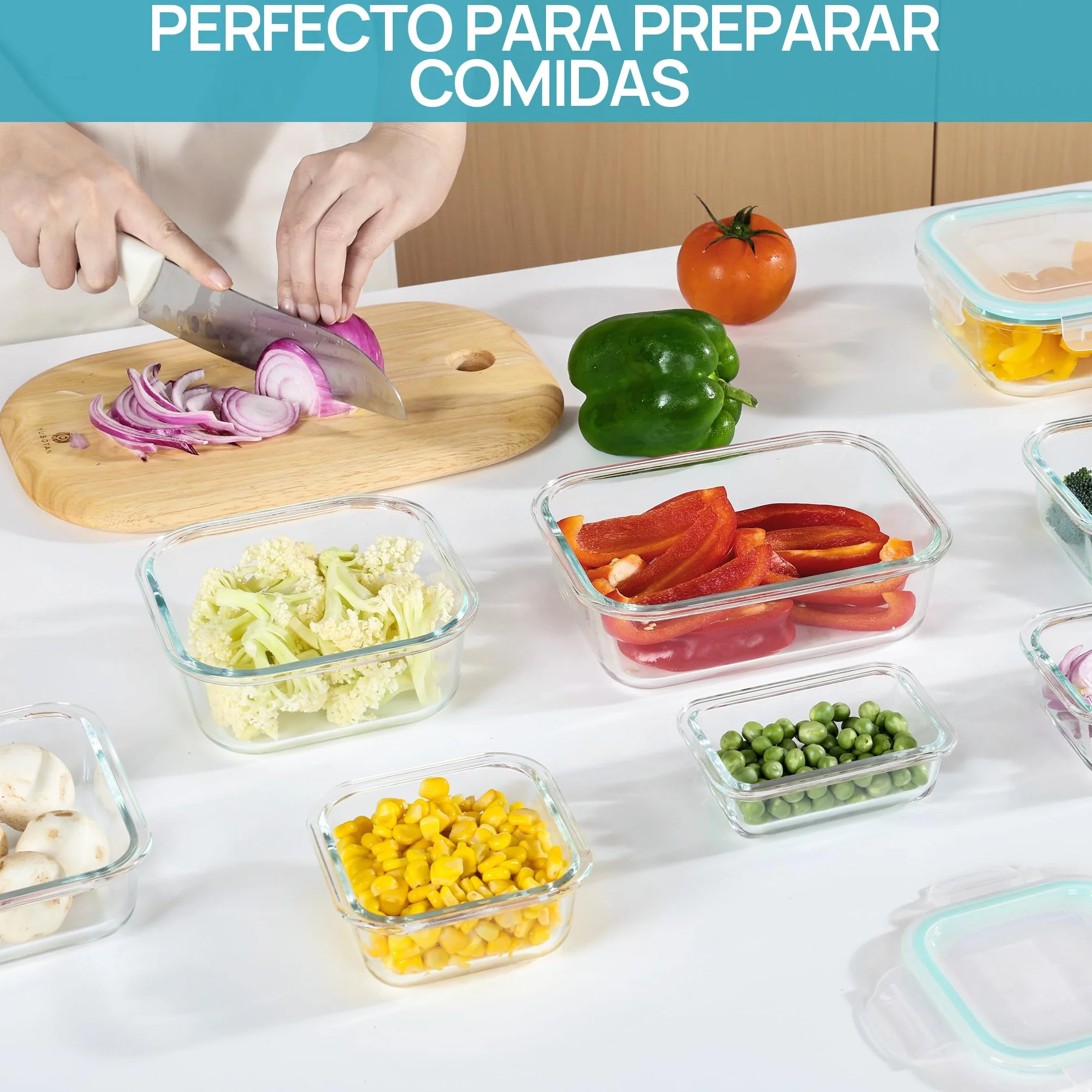 Vtopmart Set de 8 Recipientes de Cristal para Alimentos, Herméticos, Apto Lavavajillas y Microondas