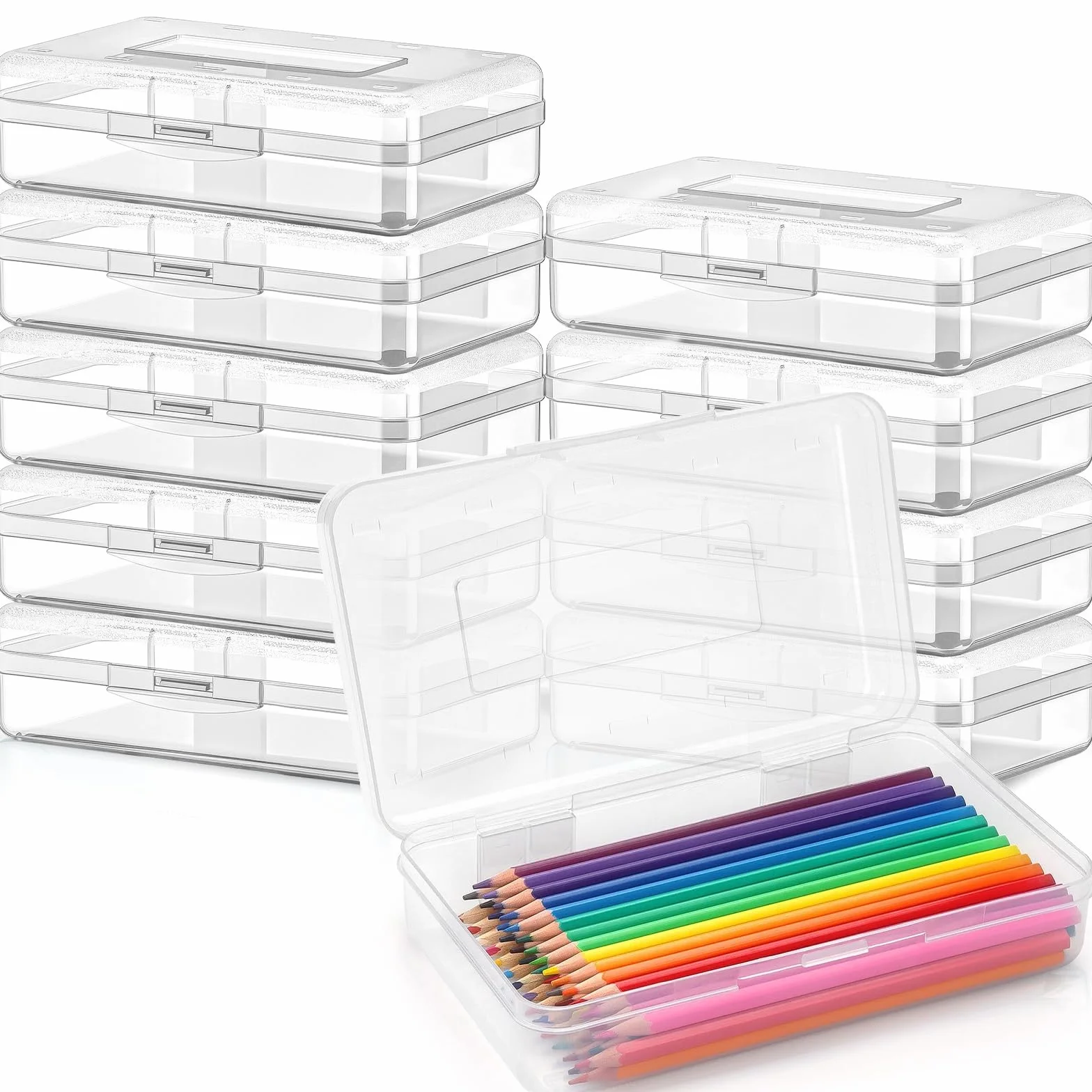 Caja de lápices de plástico transparente, estuche de almacenamiento de suministros de oficina, caja organizadora para bolígrafos y más suministros escolares de oficina (paquete de 10)