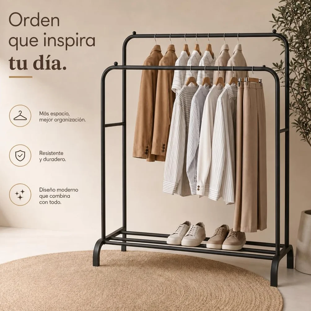 Perchero Colgador de Ropa Doble Metálico 110x150x54 cm con Soporte para Zapatos Negro