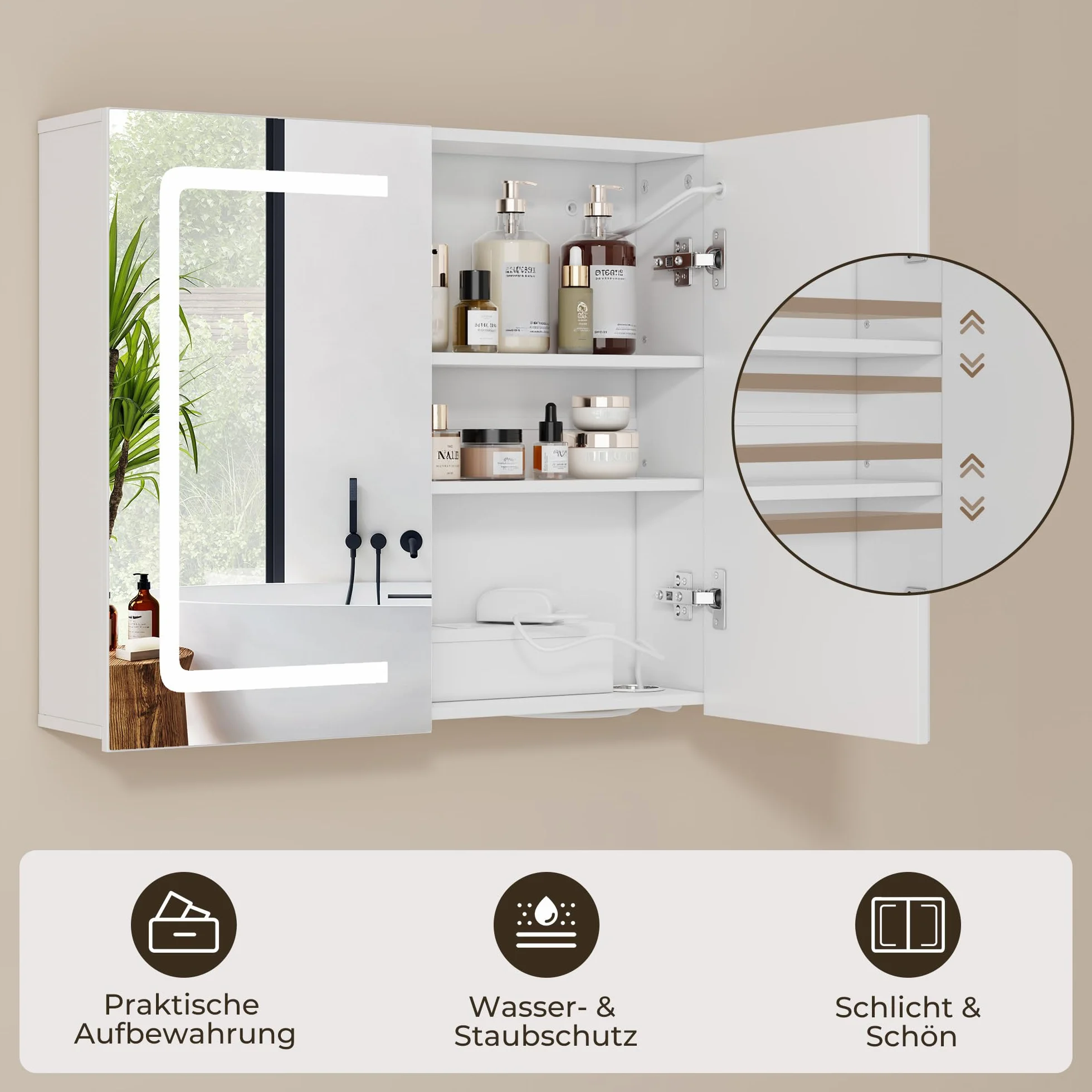 Armario Espejo Baño con Luz LED Puerto USB 70x16x60cm Blanco