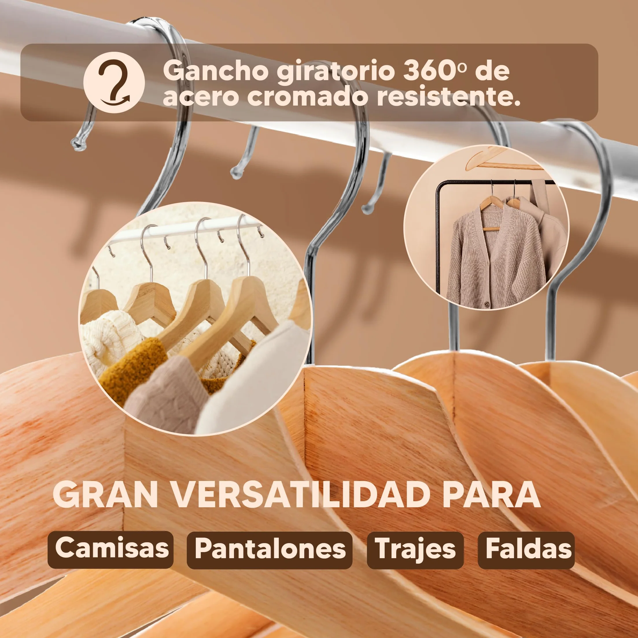 40X Perchas Madera Natural Maciza para Ropa - Perchas de Madera con Gancho Giratorio 360º - Perchas para Pantalones, Camisa, Traje, Vestidos - Colgadores de Ropa Antideslizante para Hogar
