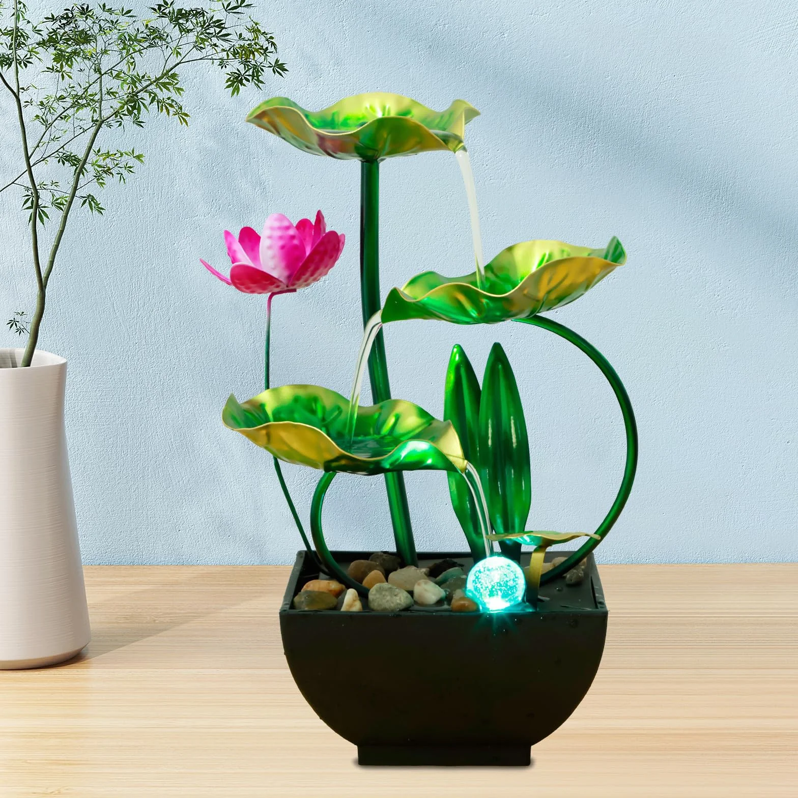 Fuente de Agua de Mesa para Interiores Con Anillo de Luces LED - Alimentada por USB, para Escritorio, Meditación, Relajación y Decoración Zen