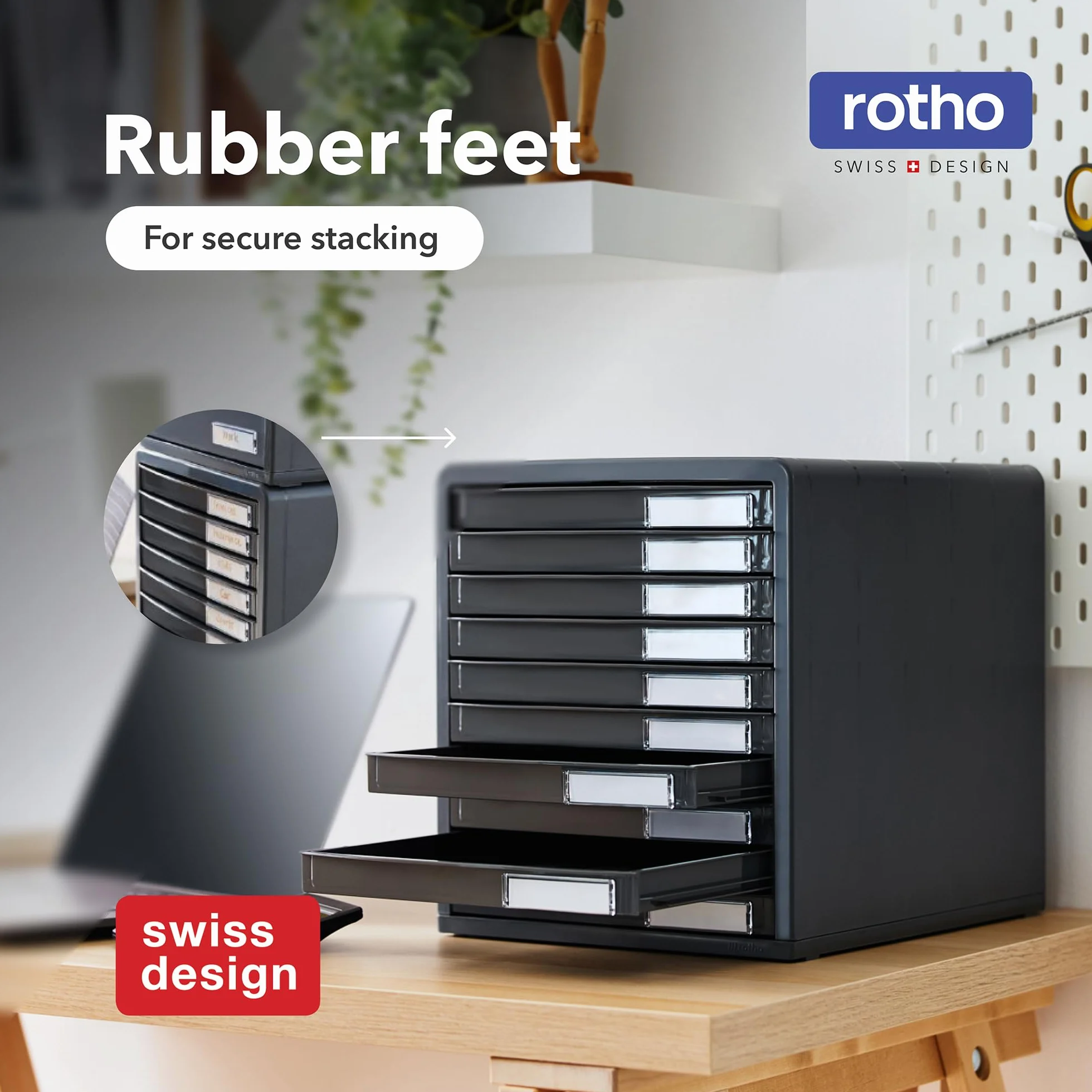 Rotho Timeless Cajón/caja de oficina con 10 cajones, Plástico (PS) sin BPA, antracita, (34.5 x 29.0 x 32.0 cm)