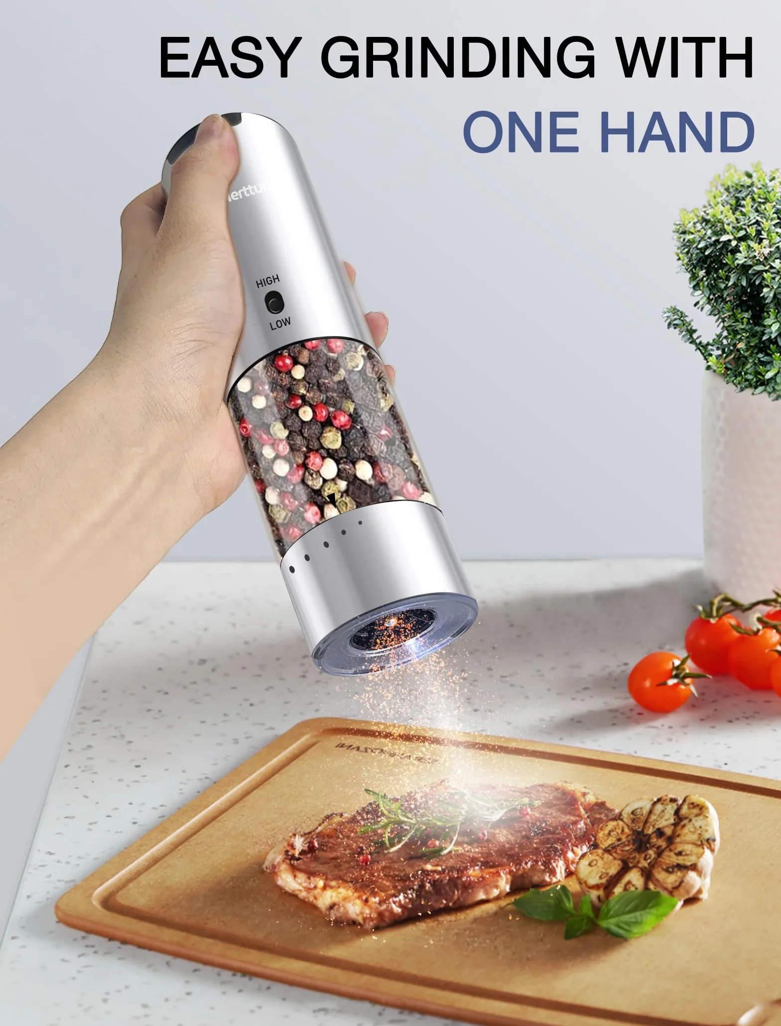 MERTTURM Recargable Molinillo Pimienta Eléctrico, Molinillo Especias 95ml Ajuste Externo, Acero Inoxidable Recipiente Lavable con Luz LED, Para Cocina, BBQ, Camping (1PCS)