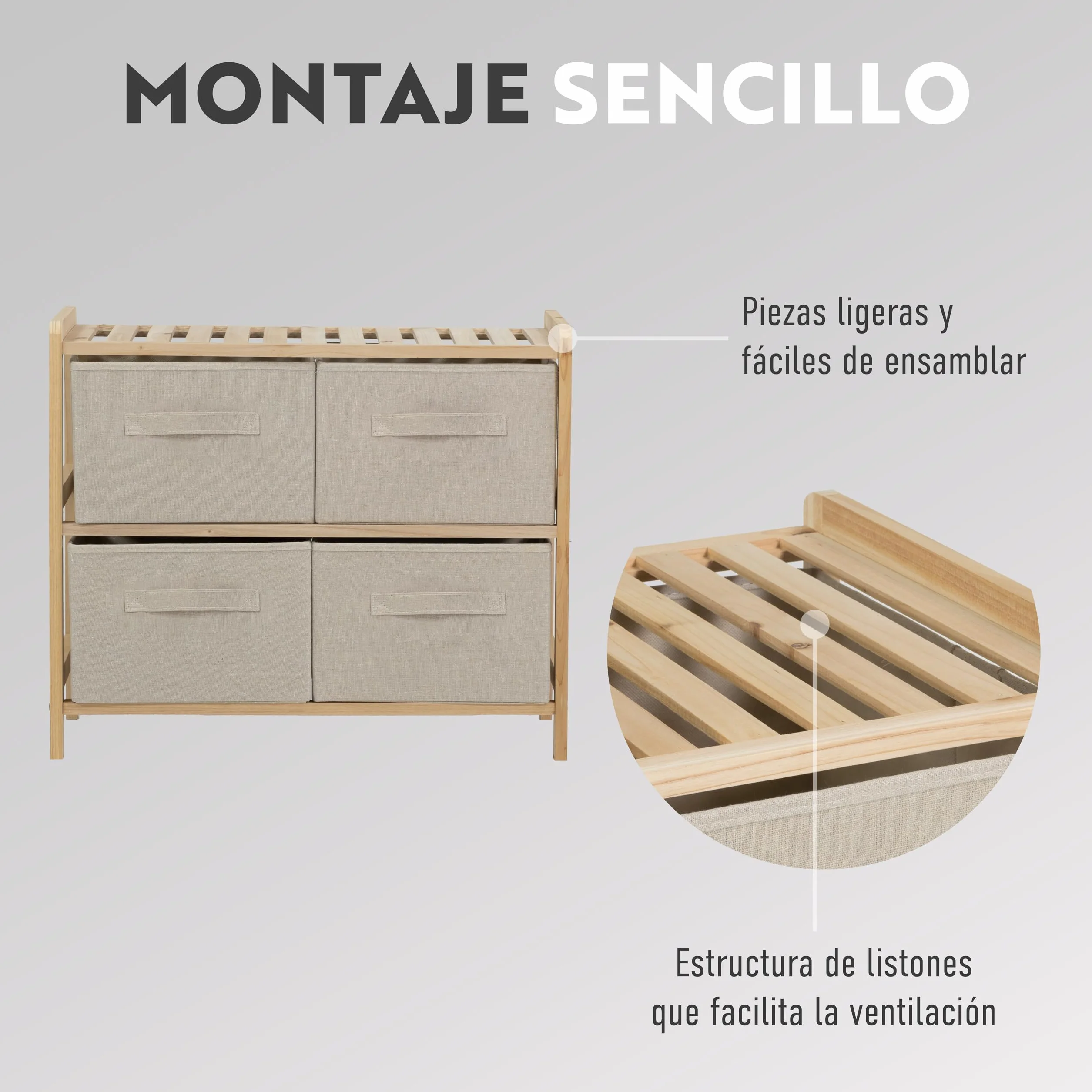 Organizador de madera de abeto Cajonera de Tela 4 cajones Mueble auxiliar dormitorio baño salón