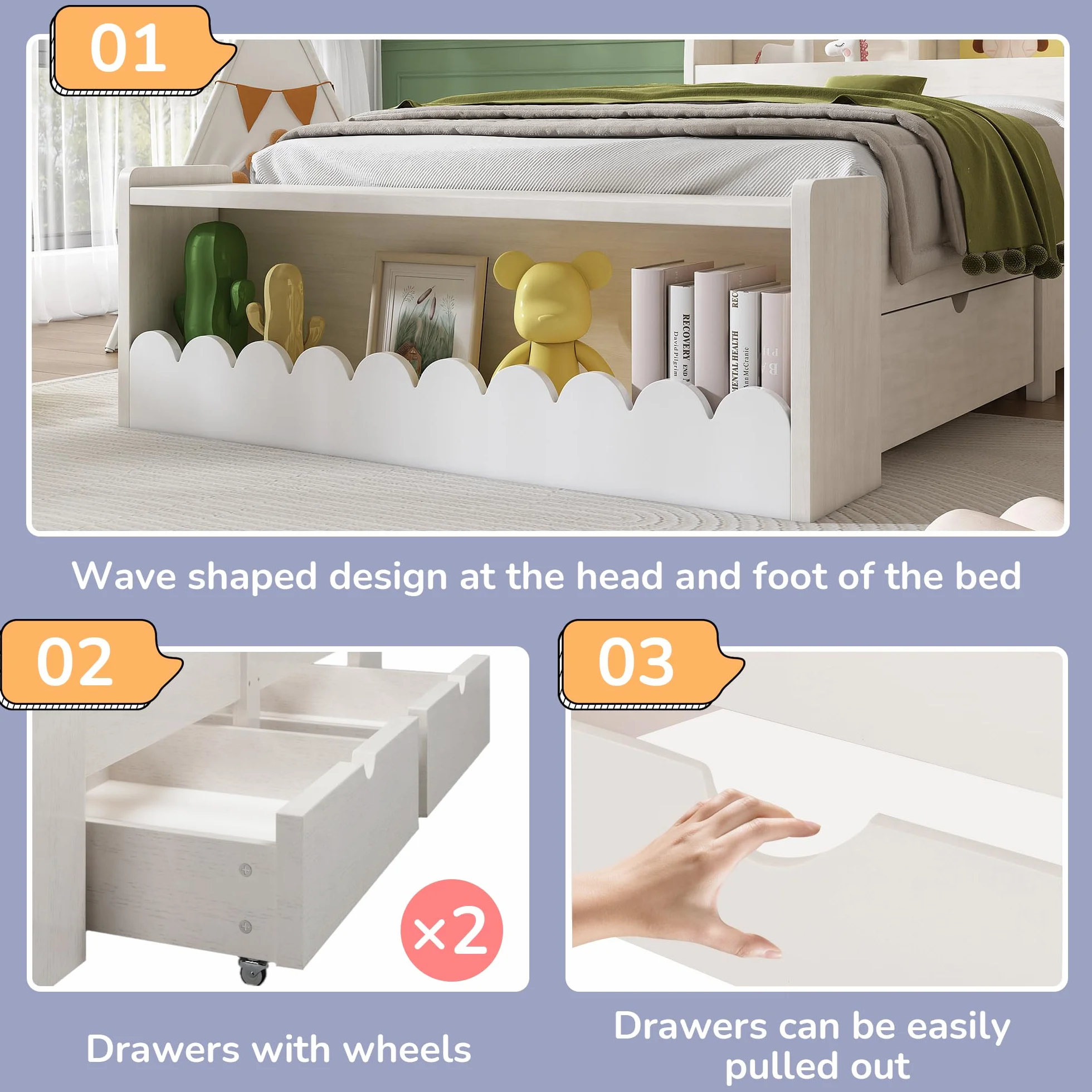 Cama individual de 90 x 190 cm, con cajones, estantería y banco con almacenamiento, cama de madera, marco de cama y somier de madera, color blanco con color roble (sin colchón)