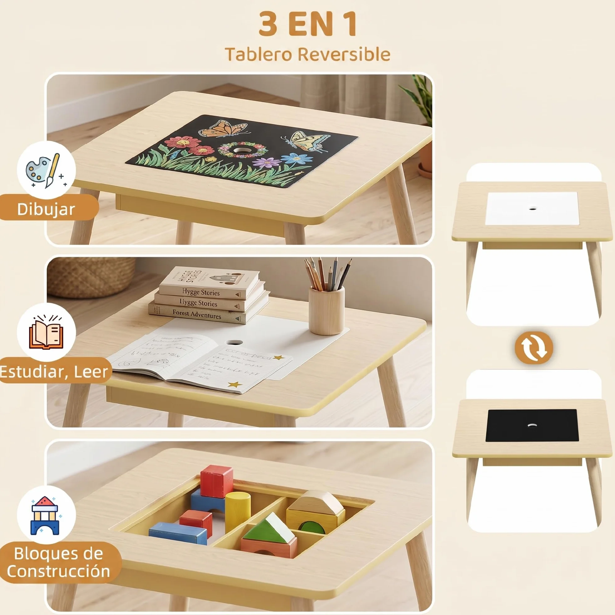 AIYAPLAY Juego de Mesa y 2 Sillas Infantiles de Madera con Pizarra, Respaldo Osito y Compartimentos, Natural y Blanco