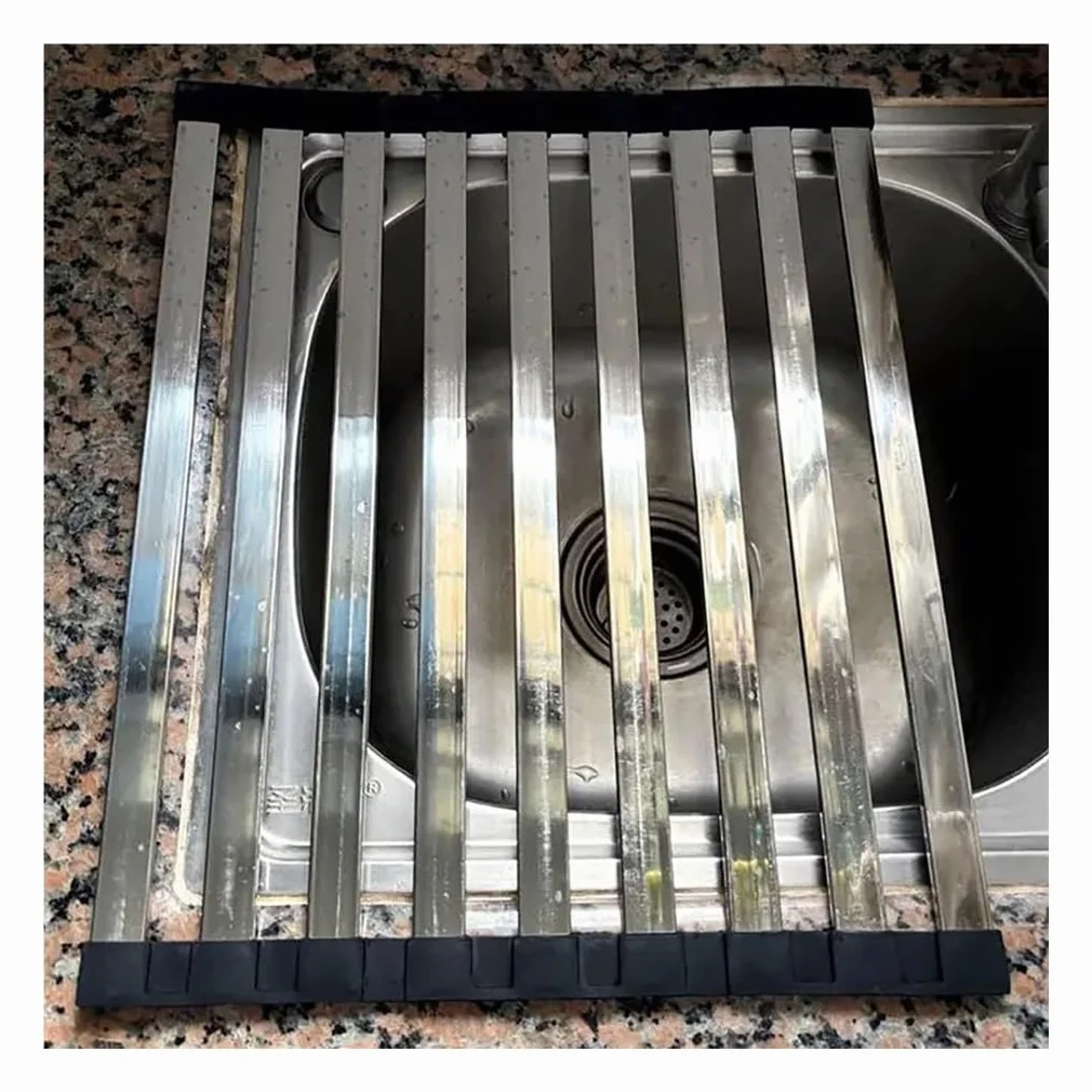 Escurridor de Platos Plegable Enrollable de Acero Inoxidable 304 para Colocar sobre el Fregadero, de 35/38/40/42/45/50/55/60 cm, Resistente al Calor.
