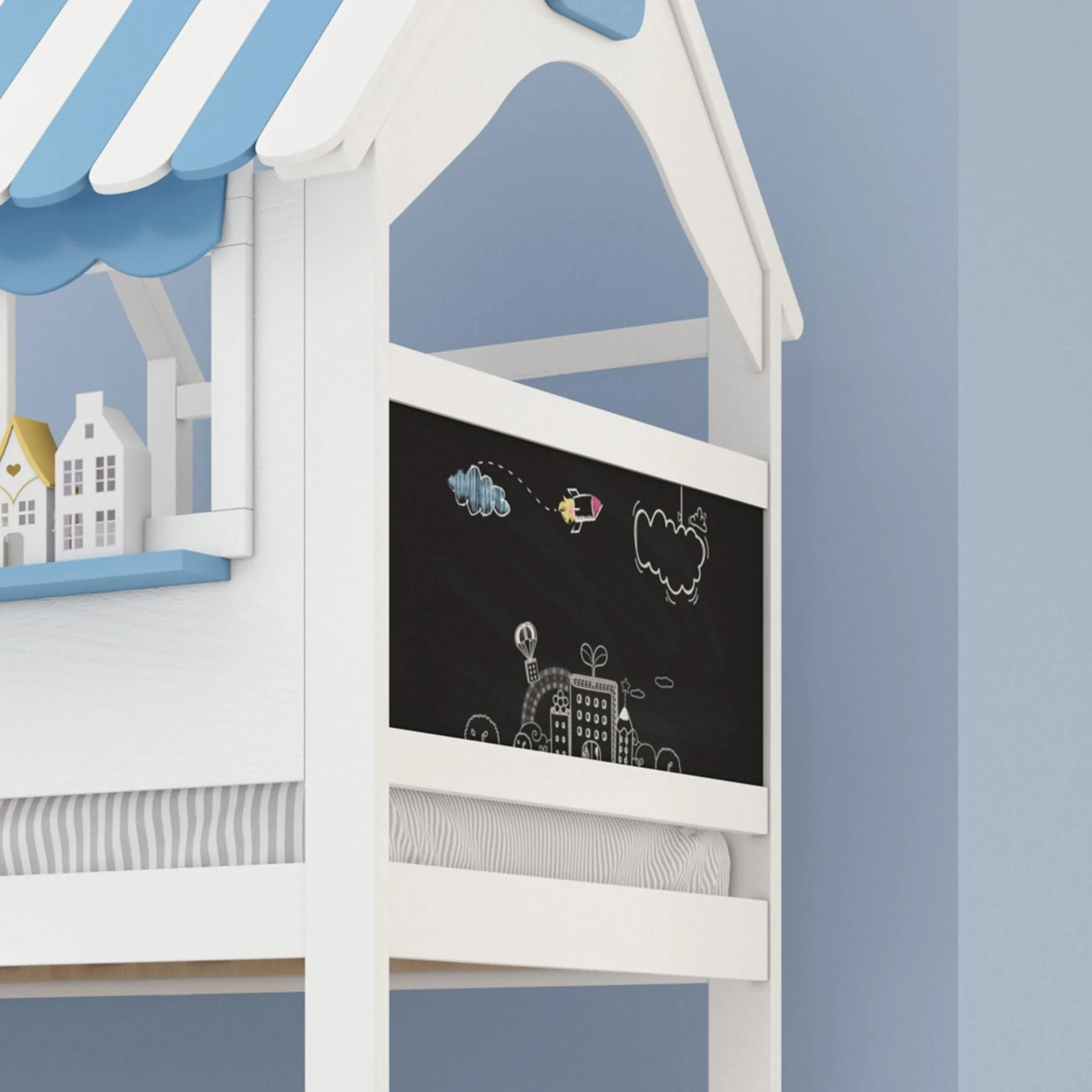 Litera Infantil con Cajón de Almacenamiento | Escalera Inclinada 3 Peldaños + Diseño Ventana Única | Tablero Grafiti Lateral | Estructura Pino+MDF | Blanco/Azul | 90x200cm y 120x200cm
