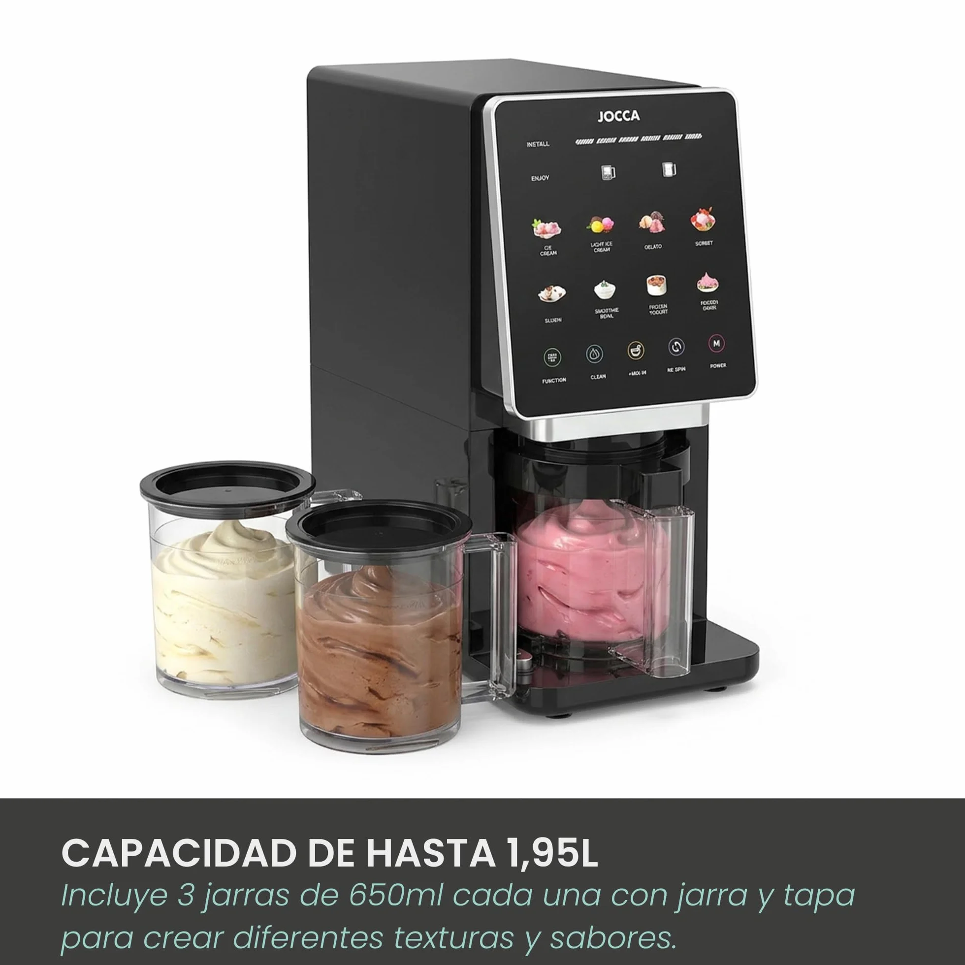 JOCCA - Máquina de Helados/Heladera Multifunción con 11 Programas, Función Limpieza, Procesamiento Rápido, Pantalla LED Táctil, Prepara hasta 1,95L de helado con sus 3 recipientes