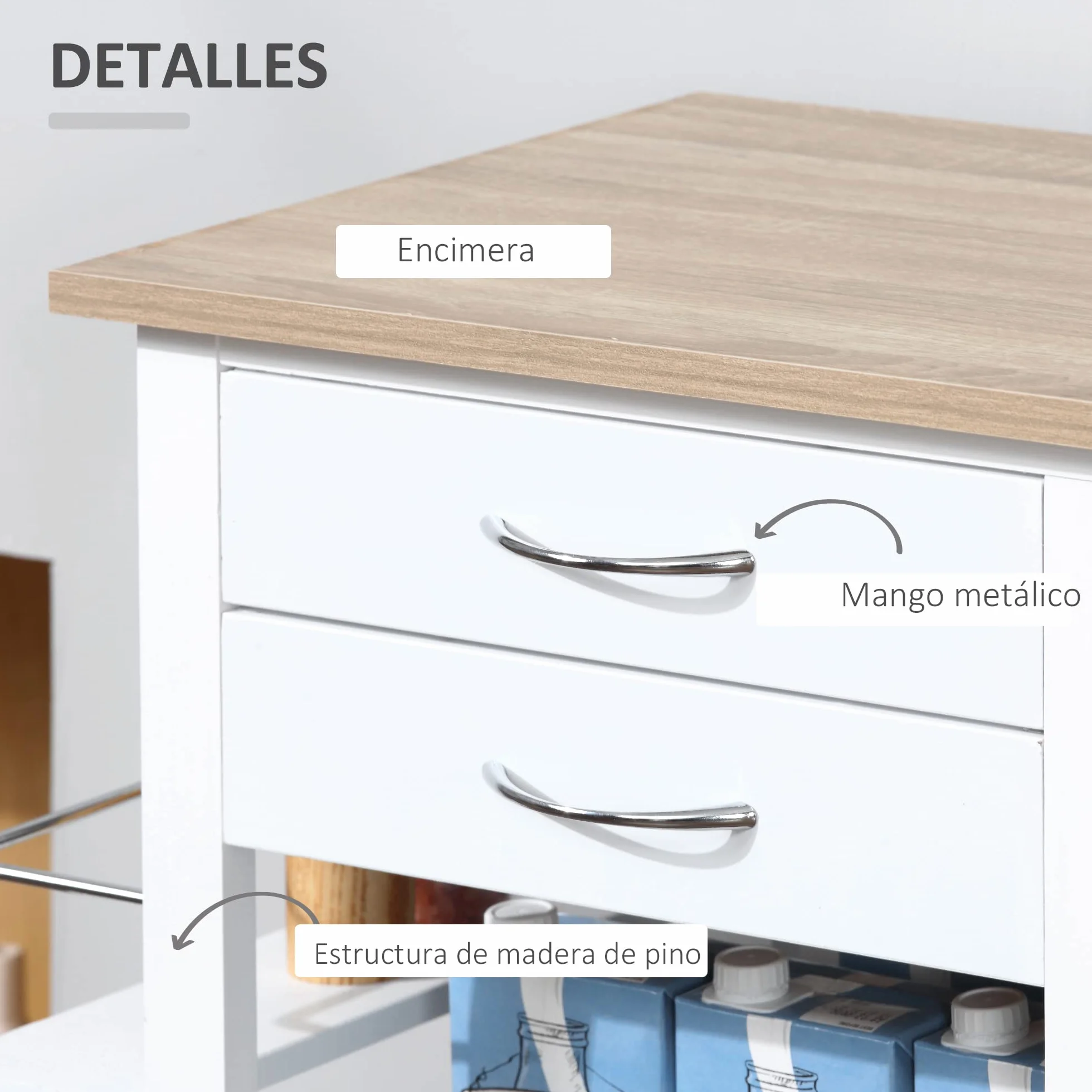 HOMCOM Carrito de Cocina Carro de Almacenamiento con Cajones Cestas Estantes para Especias Toallero Ruedas 92x37x82 cm Blanco