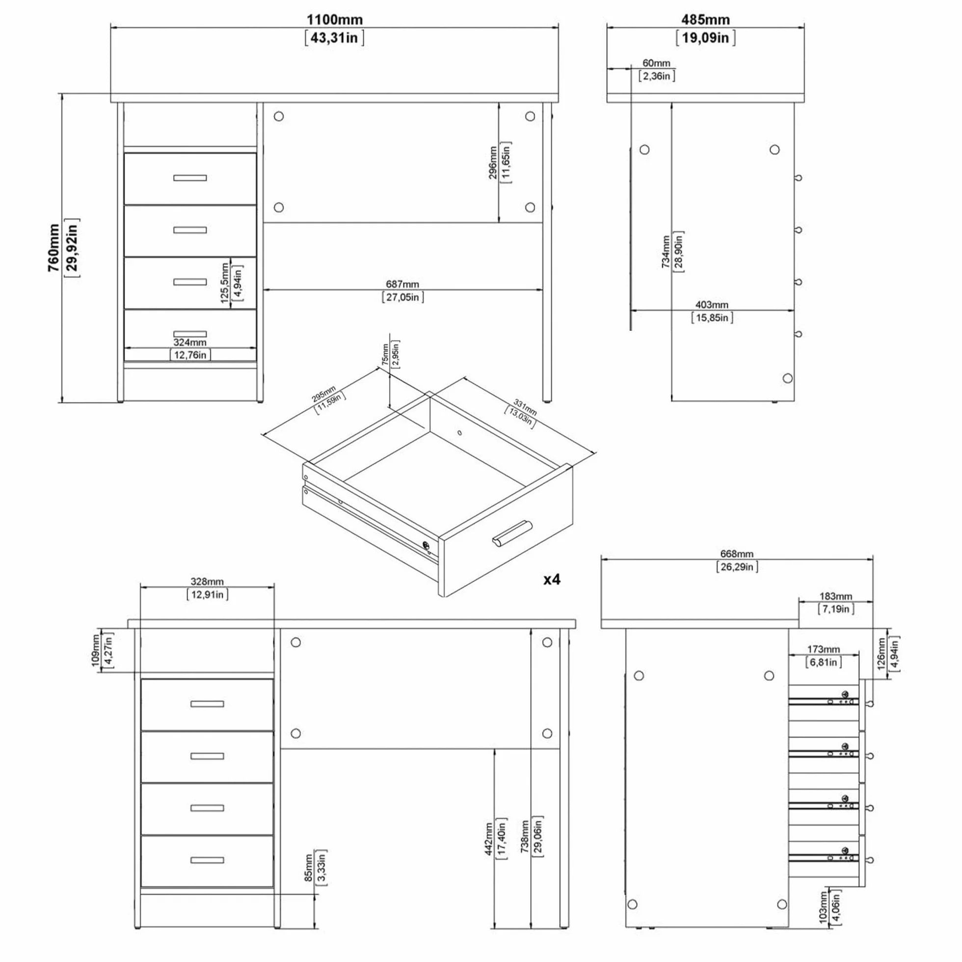 Escritorio Segre White Mesa de Estudio con 4 Cajones en Color Blanco 111 x 49 x76 cm