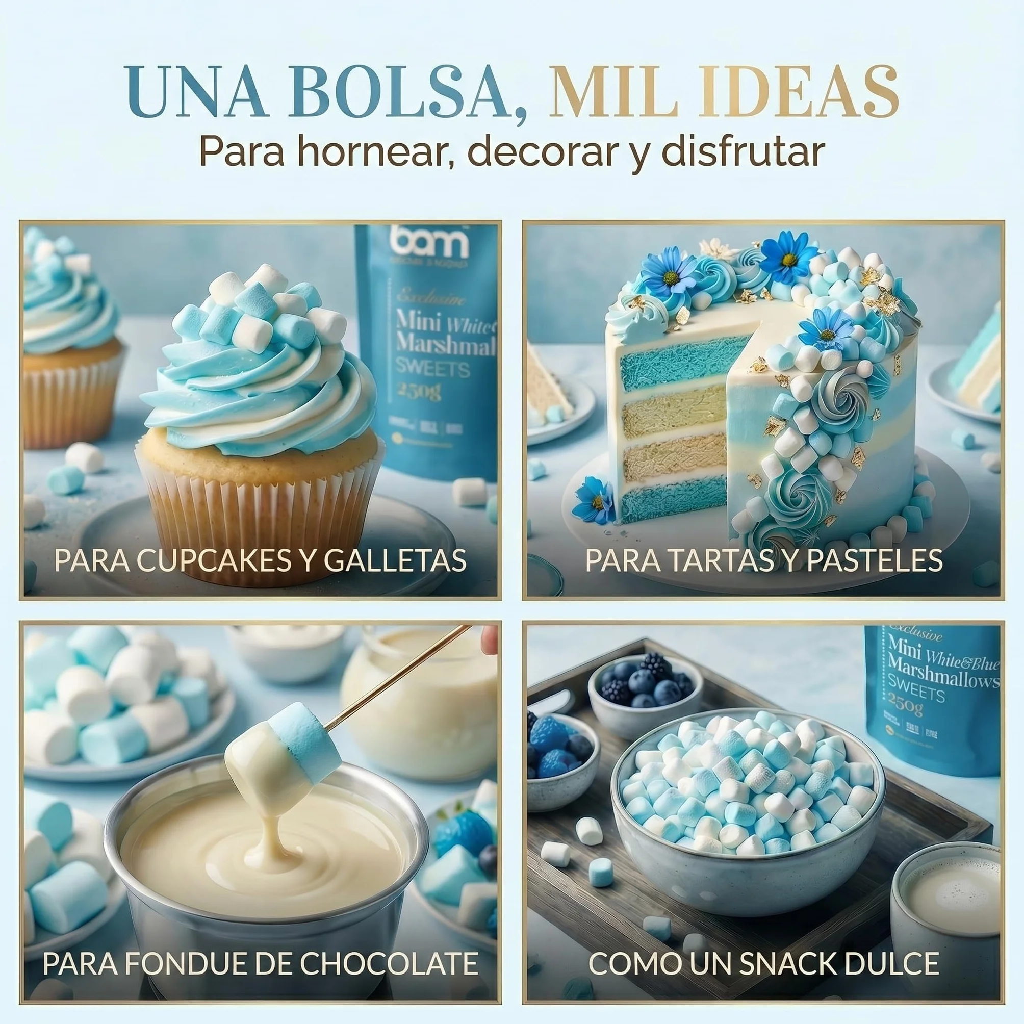 BAM Mini Malvaviscos 250 g Marshmallow Decoración Pasteles Blanco Azul