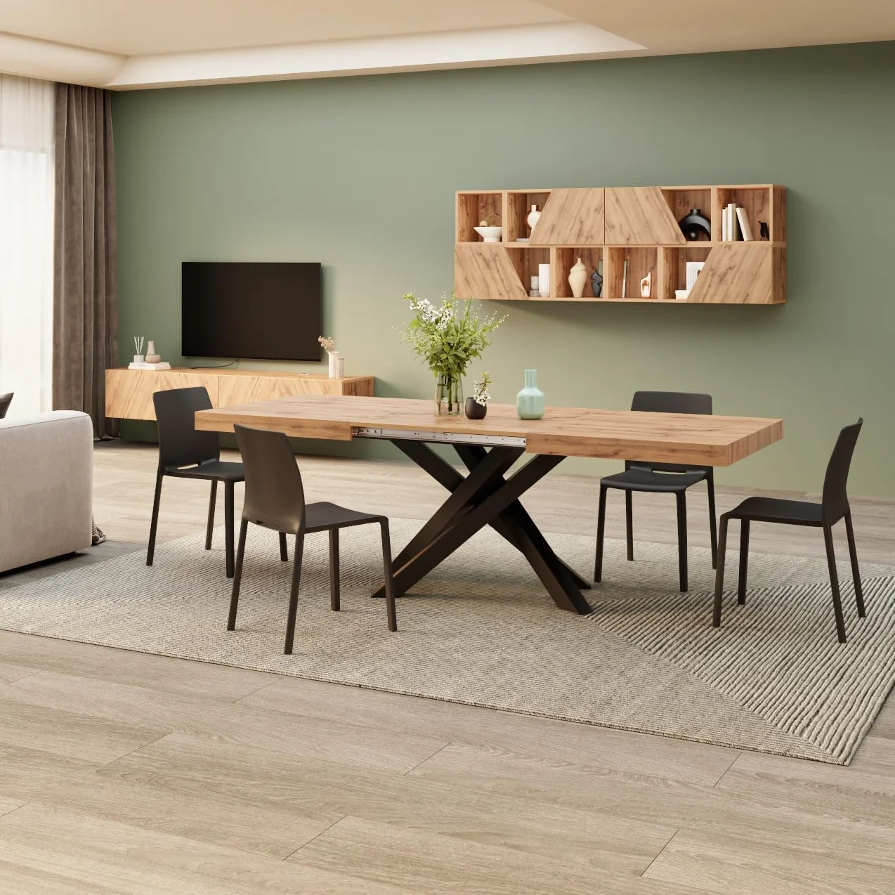 MOBILI FIVER, Mesa Extensible Emma 140(220) x90 cm, Color Madera rústica con Patas Cruzadas Negras, para 6-10 Personas, Mesa Extensible de Comedor, Mesa Cocina, Salon, Made In Italy