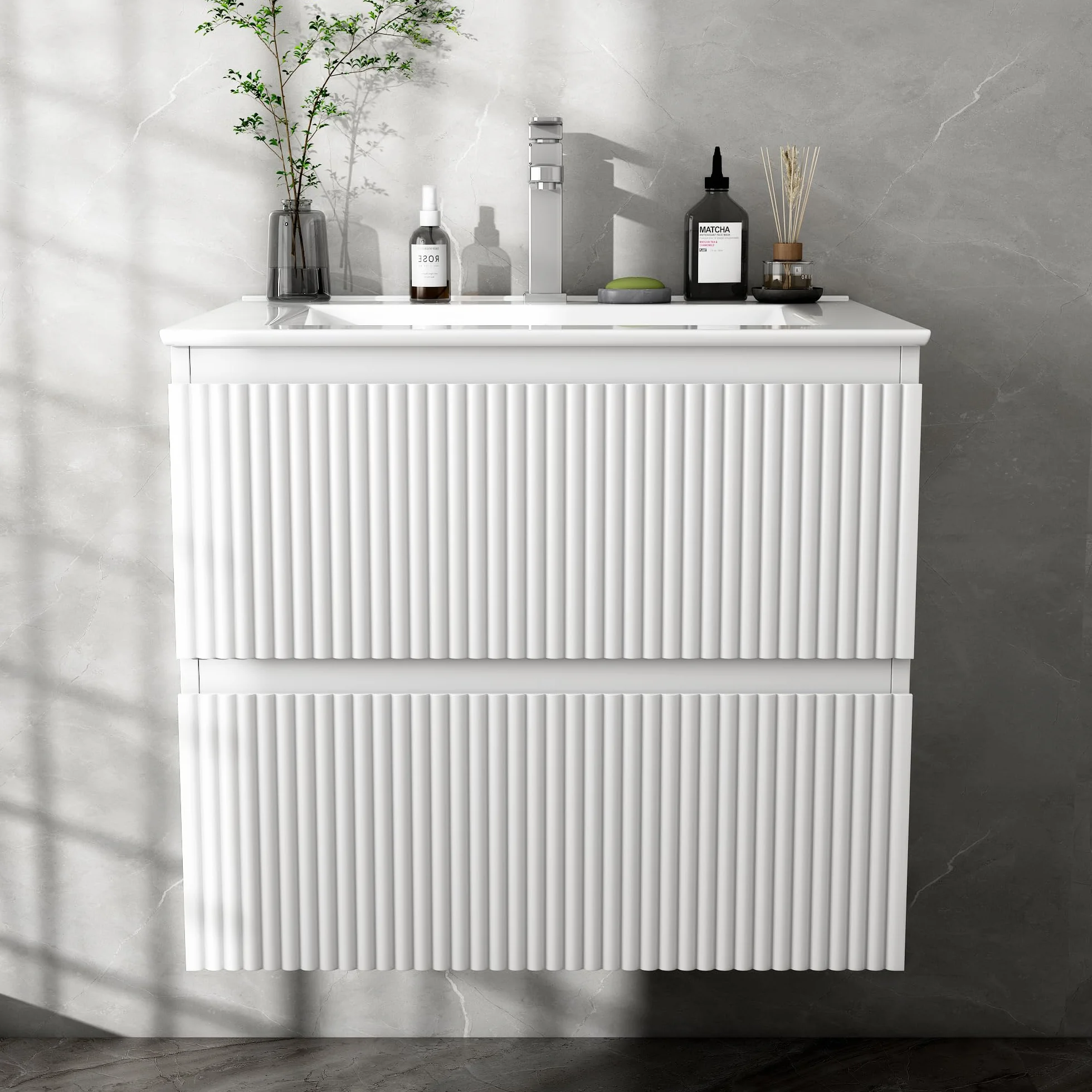 Mueble de Baño Suspendido 60 cm con Lavabo de Cerámica y 2 Cajones Profundos | Panel con Acabado Estriado Vertical, MDF E1 Antihúmedo, Blanco