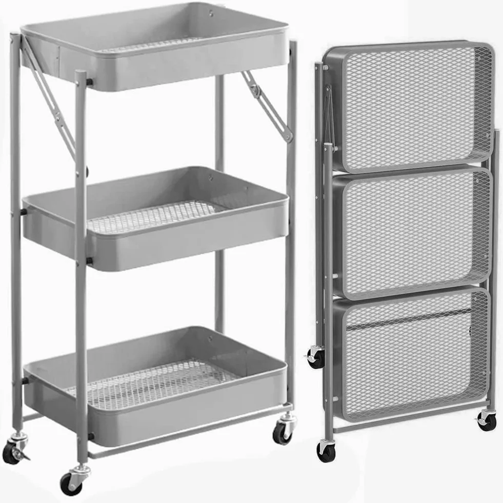 BAKAJI Carro de Cocina Plegable con 3 estantes, Cesta de 4 Ruedas giratorias a 360 Grados con Freno Integrado de Metal Trolley para Ahorrar Espacio de Servicio, Dimensiones 29 x 40 x 76 cm (Gris)