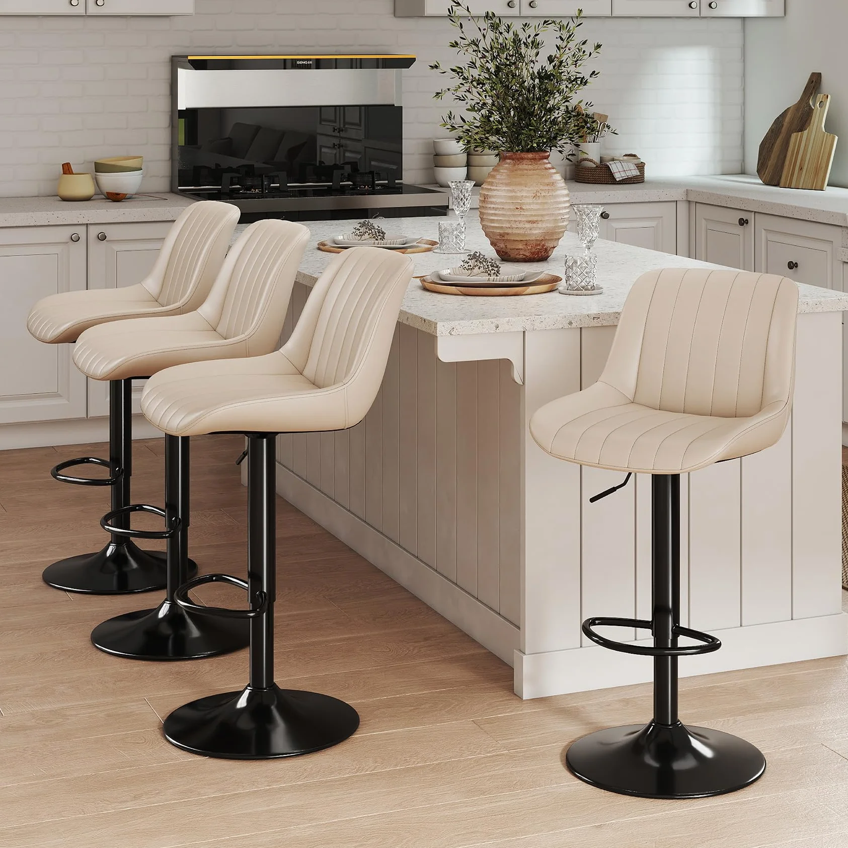 Youhauchair Taburetes Altos de Cocina Juego de 3, Taburete de Bar Giratorios Ajustable, Cuero PU, Beige