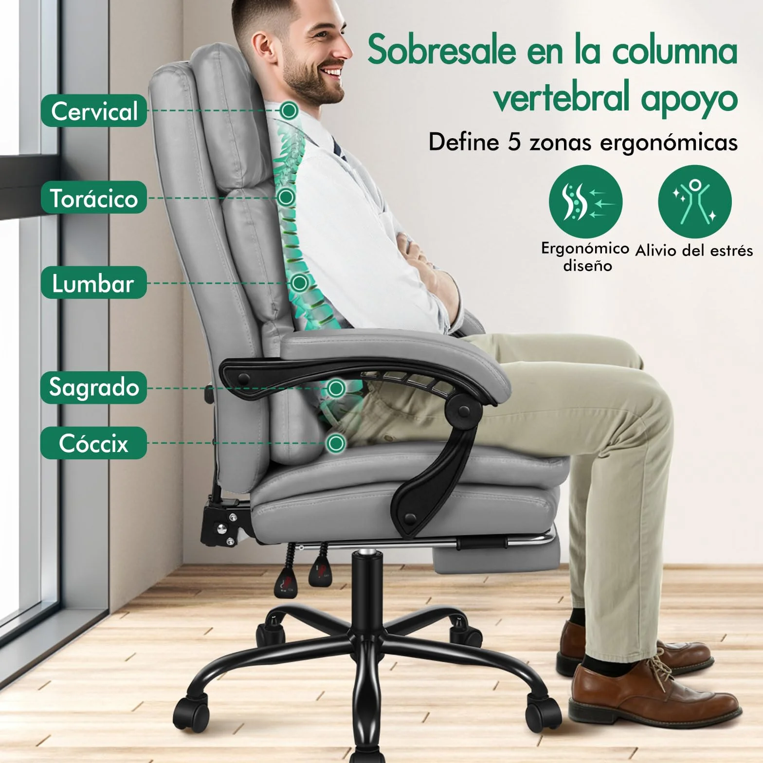 ALFORDSON Silla Oficina Ejecutiva Ergonómica Reclinable con Reposapiés, Cuero PU Gris