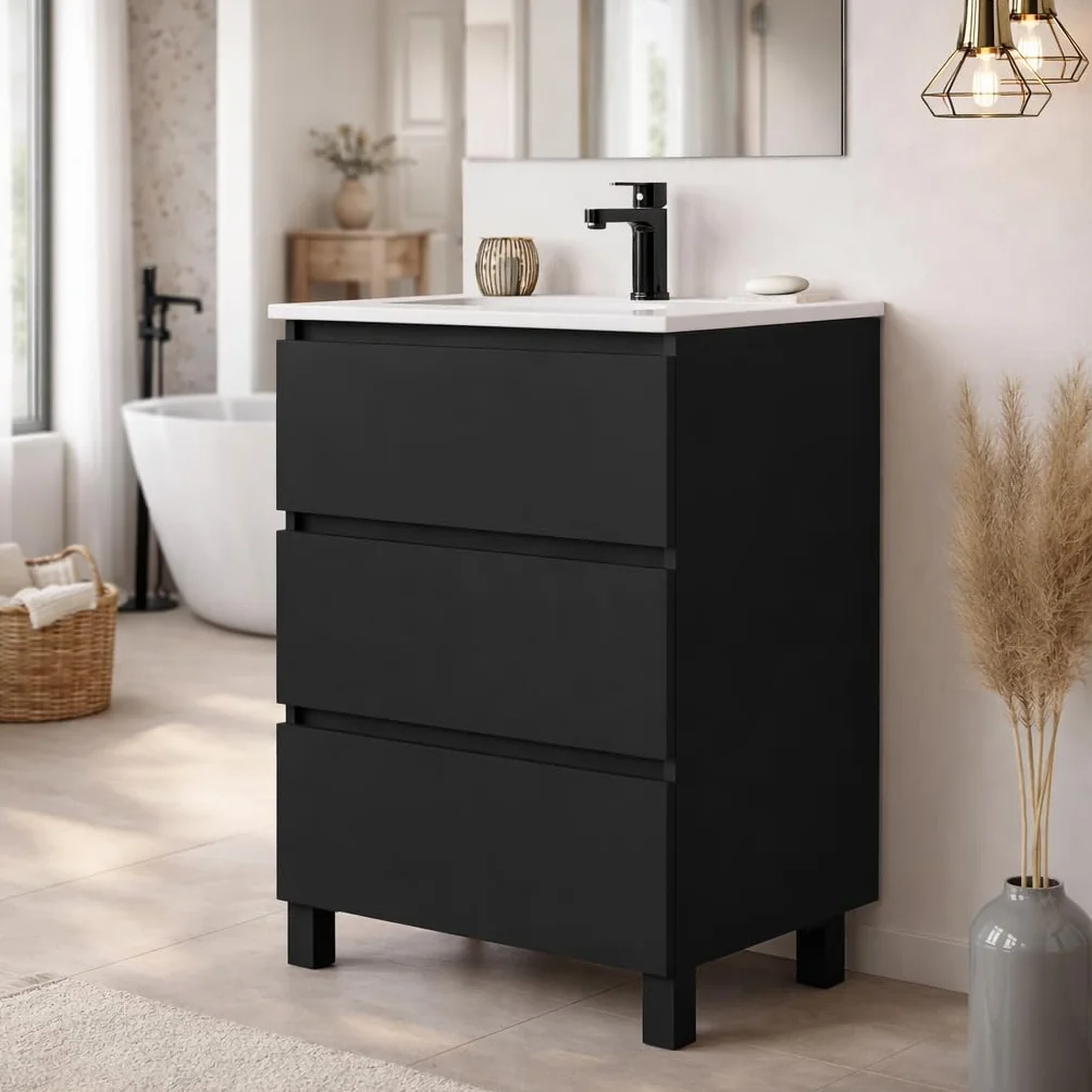 Baikal Mueble de Baño REN 70cm Negro Incluye Lavabo 3 Cajones Cierre Amortiguado