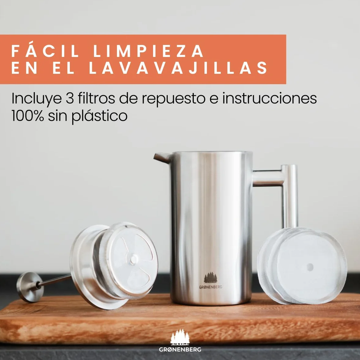 Groenenberg Cafetera francesa I Prensa francesa con filtros de repuesto I French Press 0,6 litro I Cafetera embolo en acier inox con función térmica