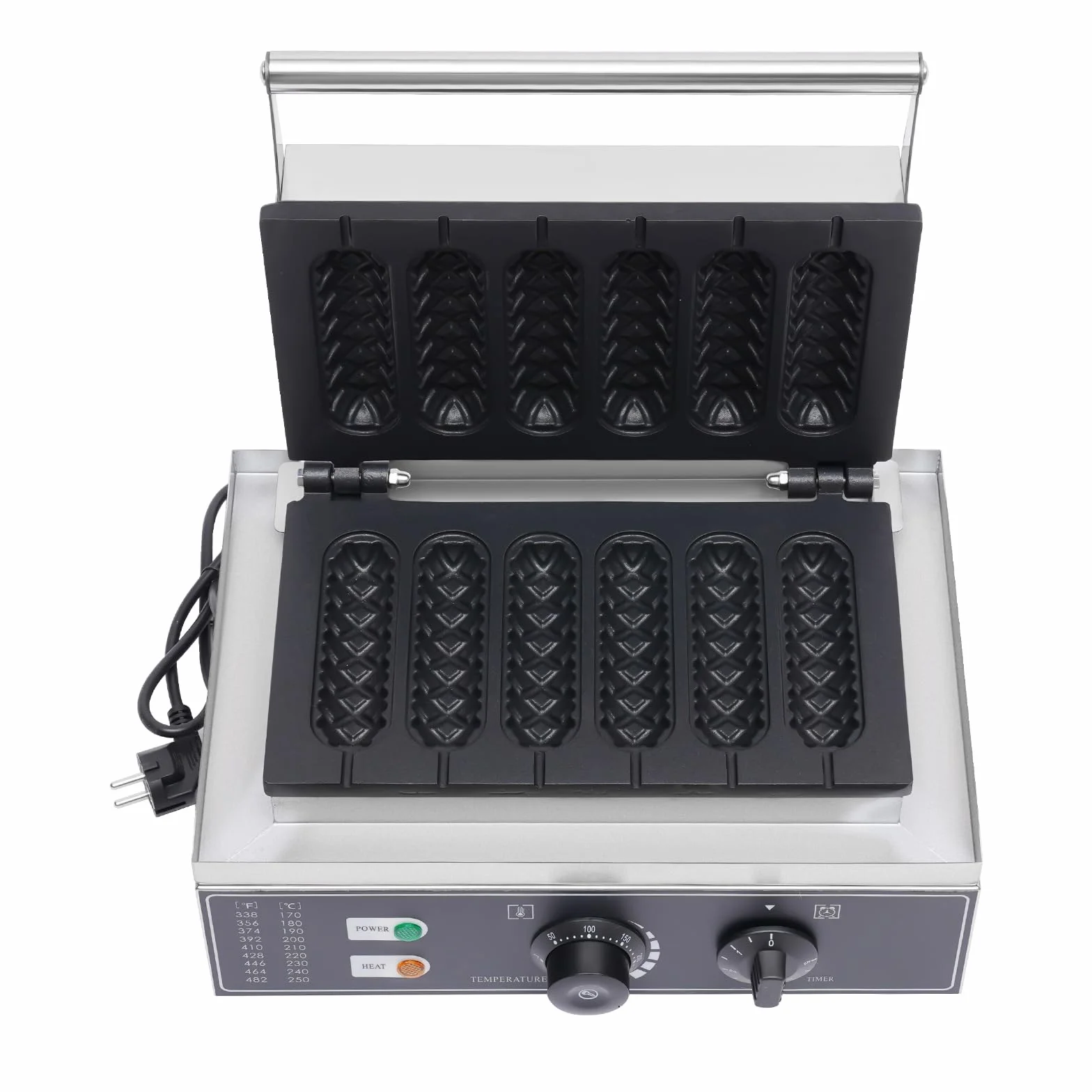 Máquina de perritos calientes 1500W 220V 6 unidades control temperatura 50-300℃ acero inoxidable