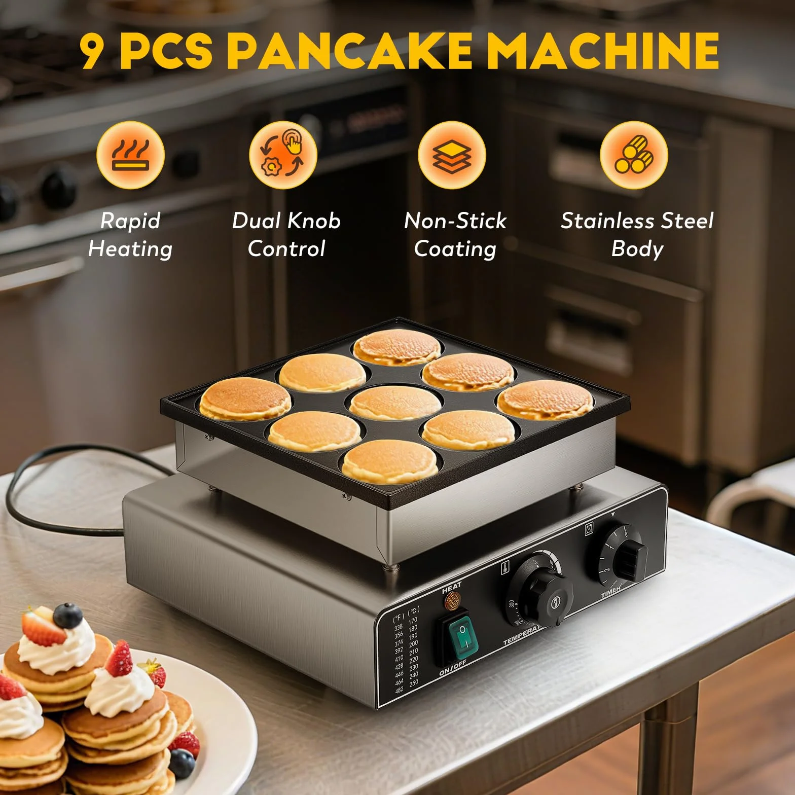 CGOLDENWALL 9 PCS Máquina para Hacer Panqueques Holandesa, con Revestimiento Antiadherente, Temporizador y Temperatura Ajustable, Mini Panqueques Eléctricos para Tortitas, Dorayaki y Poffertjes