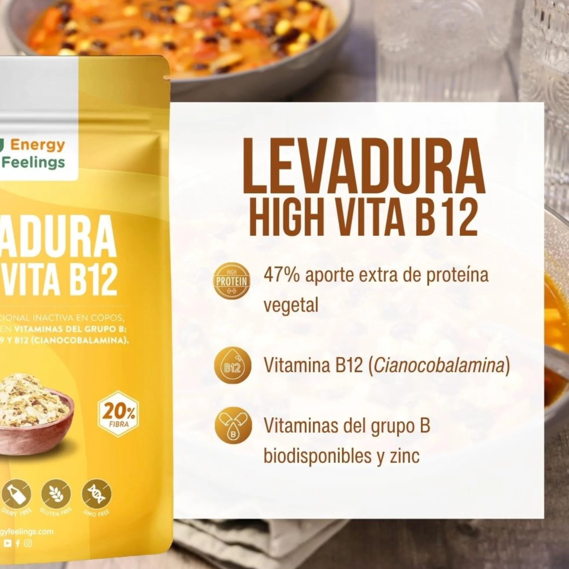 Levadura Nutricional B12 250g, Nutritional Yeast en Copos, Rica en Vitamina B y Proteínas 47%, Sin Gluten Inactiva