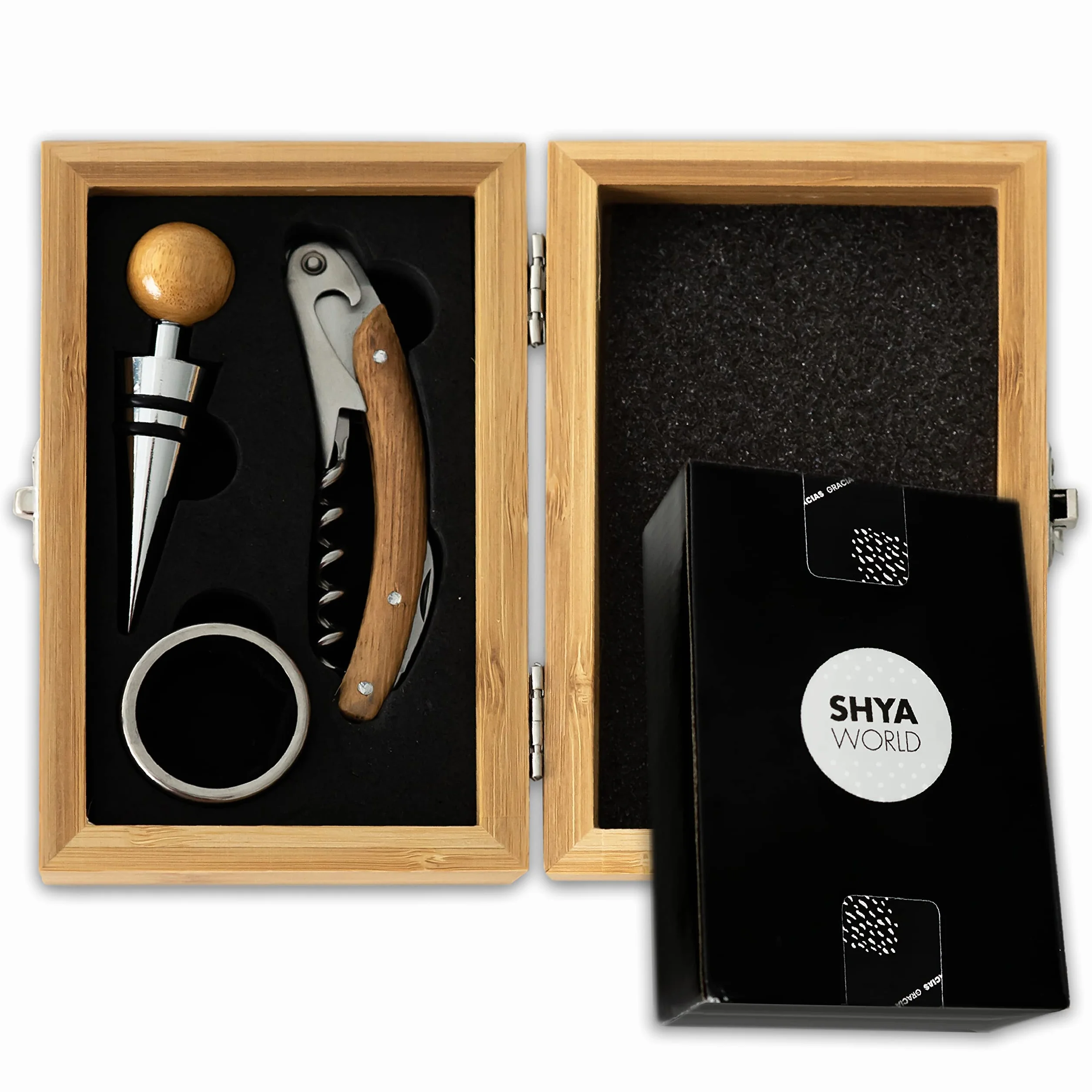 Set de Vinos Accesorios para regalar. Estuche de Regalo elegante con acabado de Material Natural Eco. (Set Madera Bambú)
