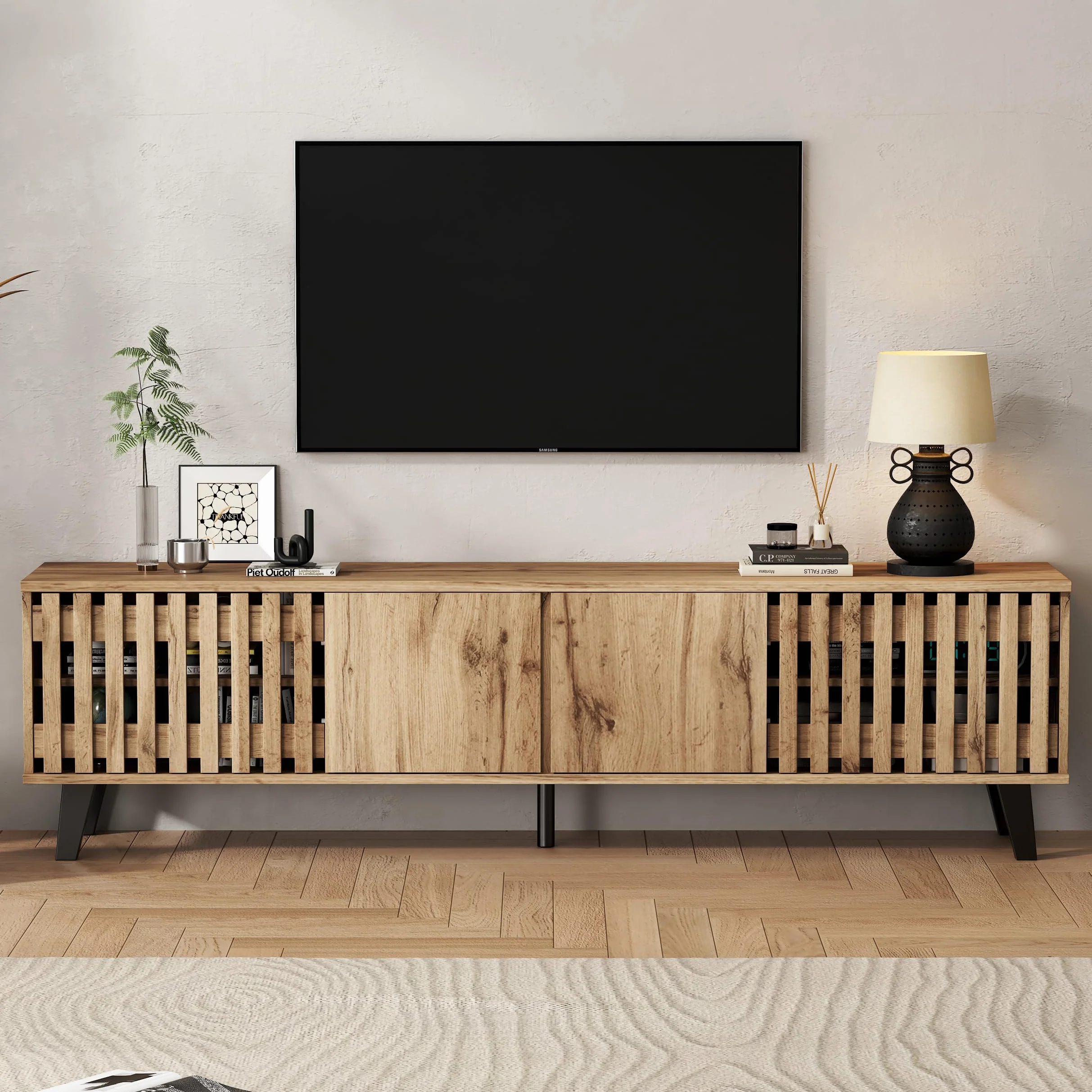 Mueble para TV de 180 x 40 x 55 cm, color madera original, 8 estantes separados, soporte para TV, consola de TV, centro de entretenimiento para televisores de 70 pulgadas, apto para sala de