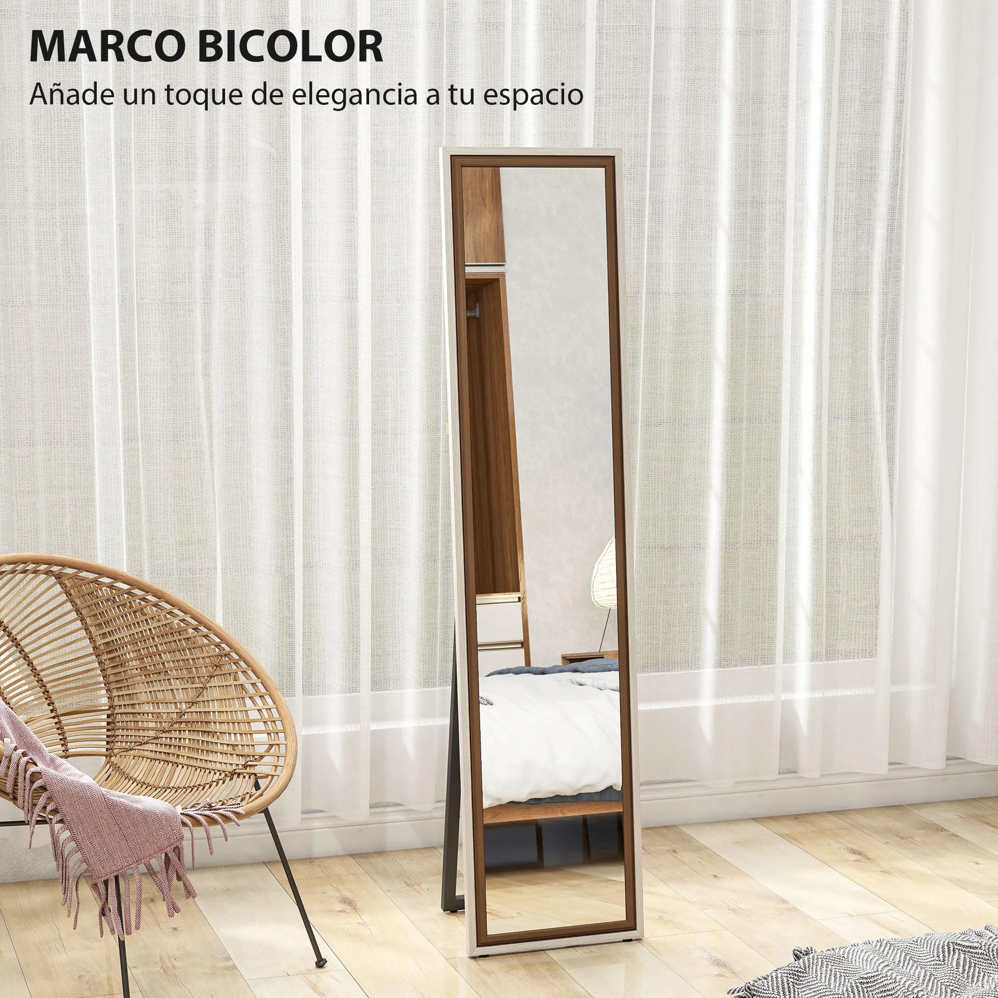 HOMCOM Espejo de Pie Cuerpo Entero 157x37 cm, Espejo Grande de Pared con Marco Bicolor, de Pie, Inclinado o Colgante, para Salón, Dormitorio, Pasillo, Entrada, Blanco y Marrón Oscuro