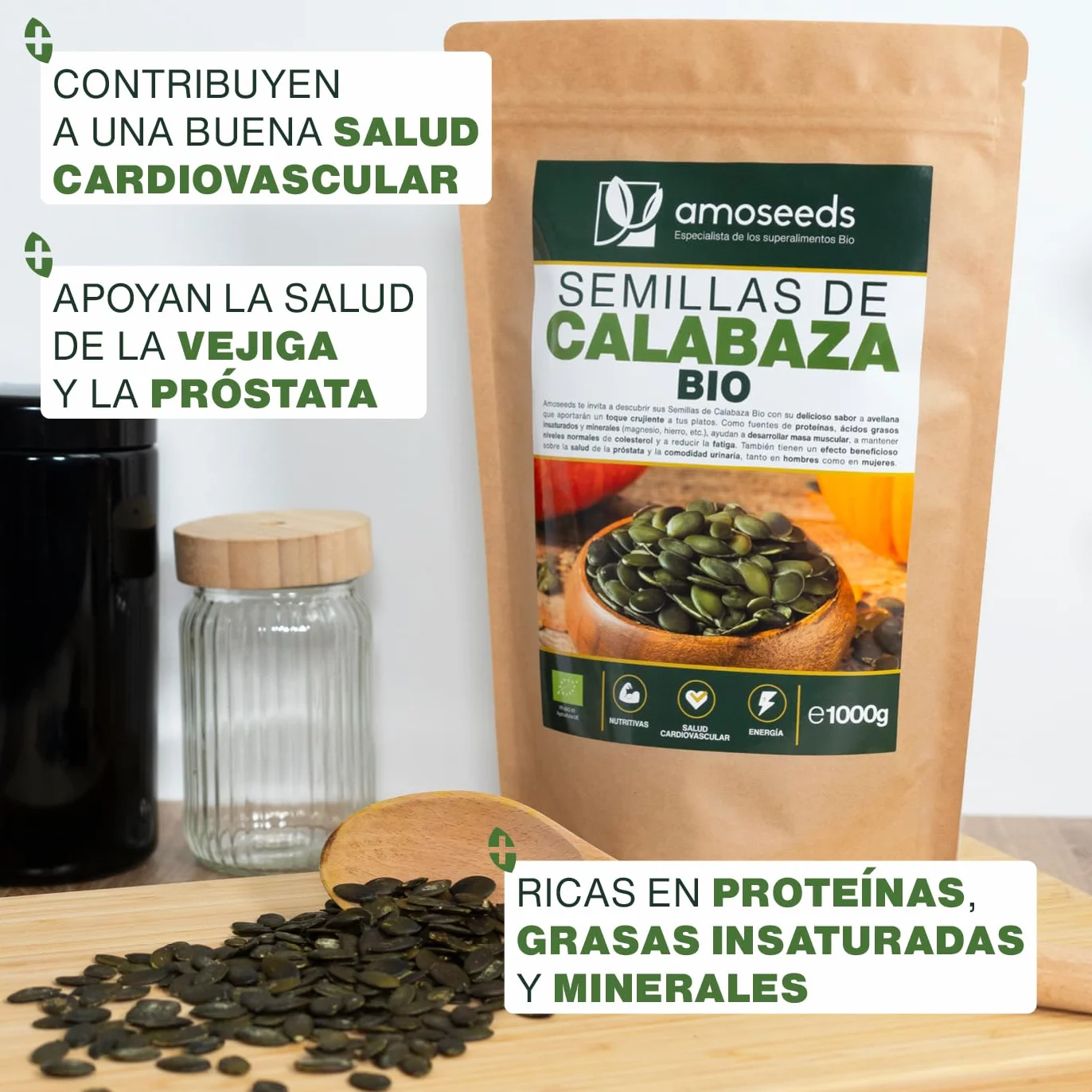 Semillas de Calabaza BIO 1kg Origen Europa Pipas de Calabaza 100% Orgánicas Peladas sin Sal