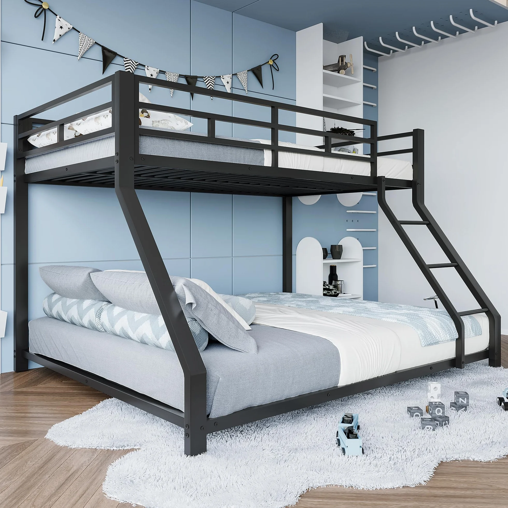 Litera doble para niños, barandilla, con escalera segura, sin colchón, diseño elegante, adecuado para cualquier decoración de habitación infantil, metal, 90 x 200 cm, 140 x 200 cm (negro)