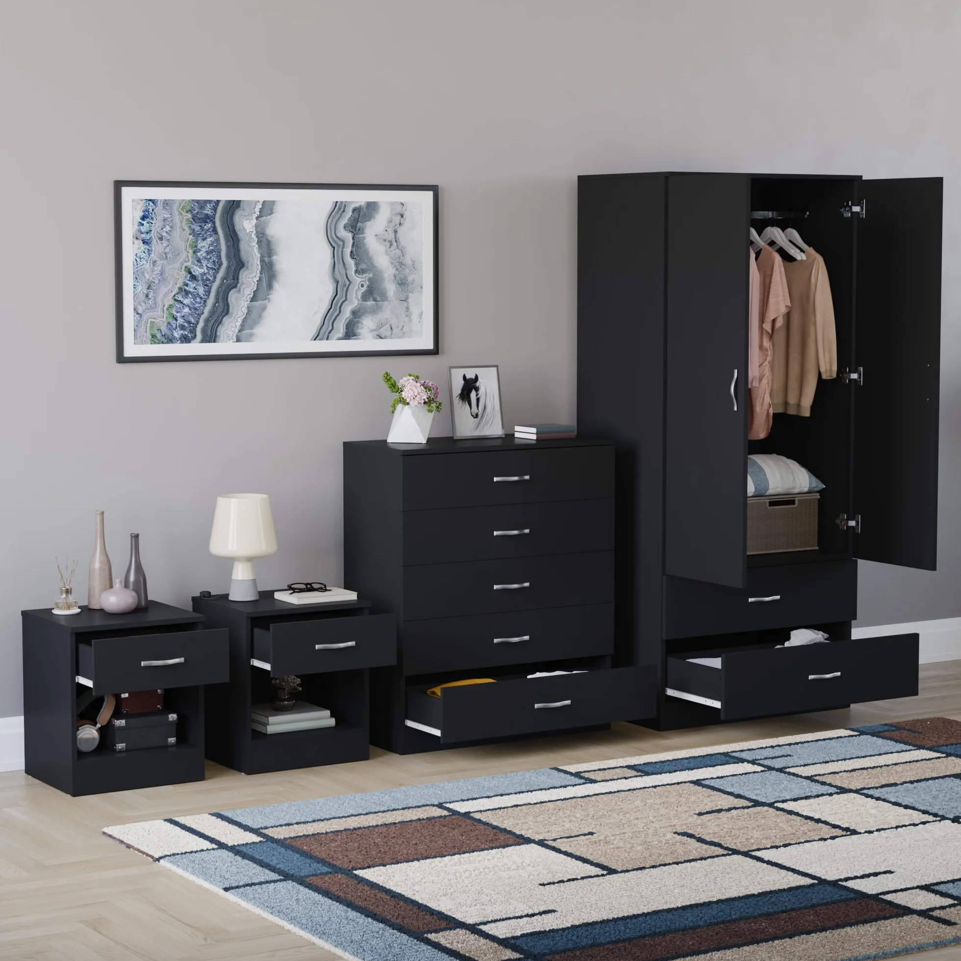 Vida Designs Riano - Juego de dormitorio de 4 piezas (1 cajón, cómoda de 5 cajones, armario de 2 puertas y 2 cajones), color negro (5)