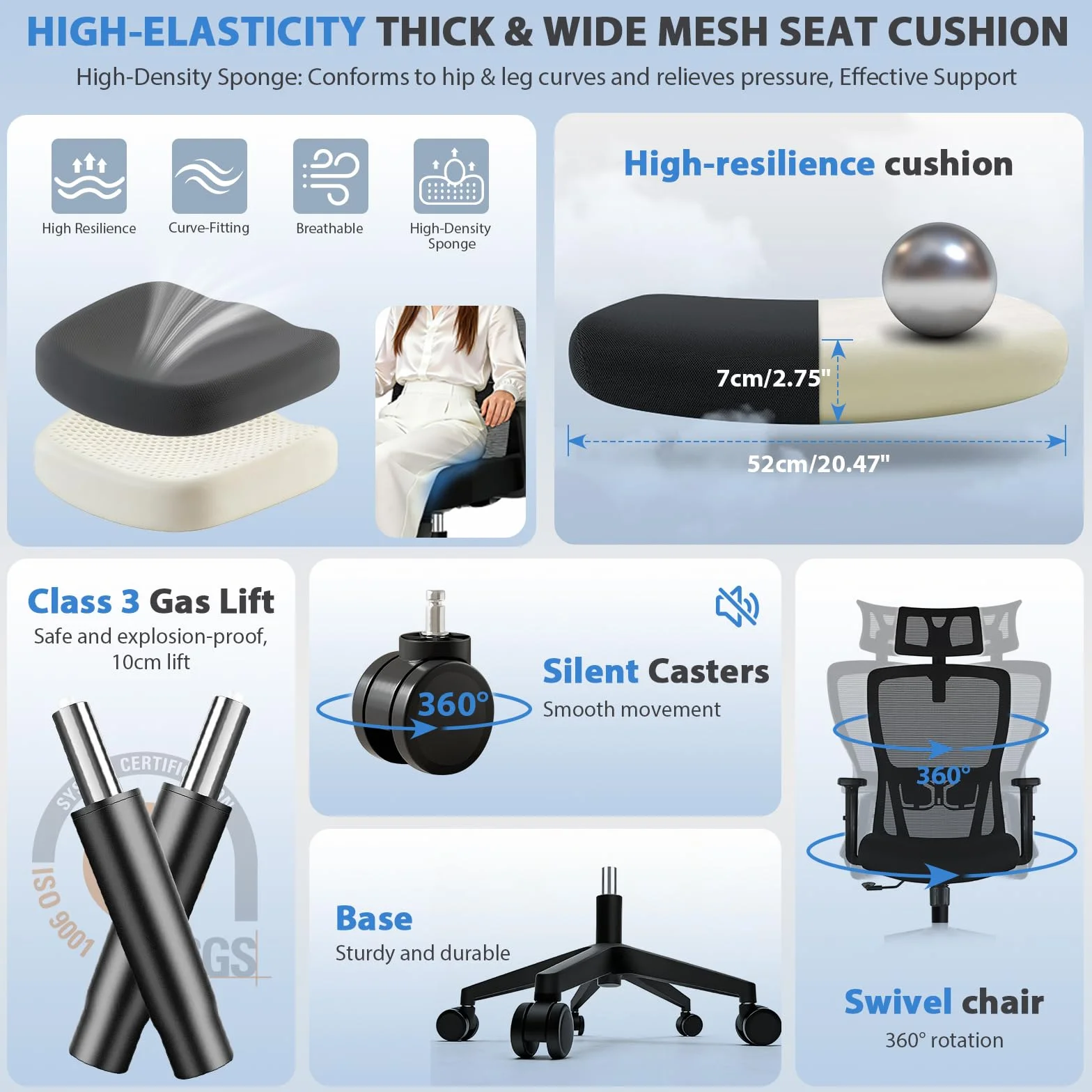 Durrafy Silla Oficina Ergonómica,Silla Escritorio con reposacabezas Ajustable,Reposabrazos, Soporte Lumbar, Altura Regulable y oscilación de 120°, Silla de Oficina Capacidad de Peso 150kg