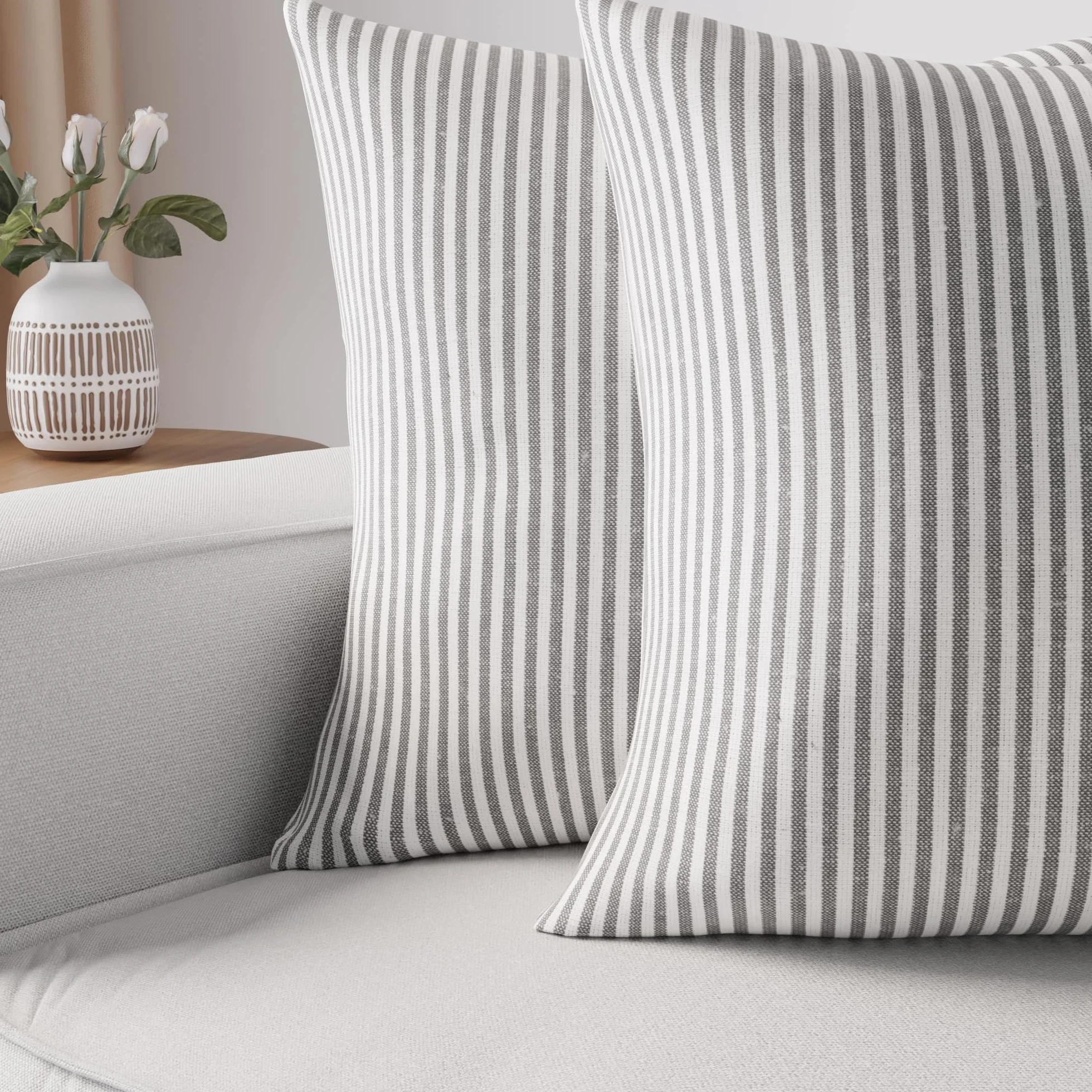 Encasa XO Fundas de Almohada 2 Piezas 40x40 cm Ticking Negro Lona de Algodón Suave Cojín Decorativo Hogar
