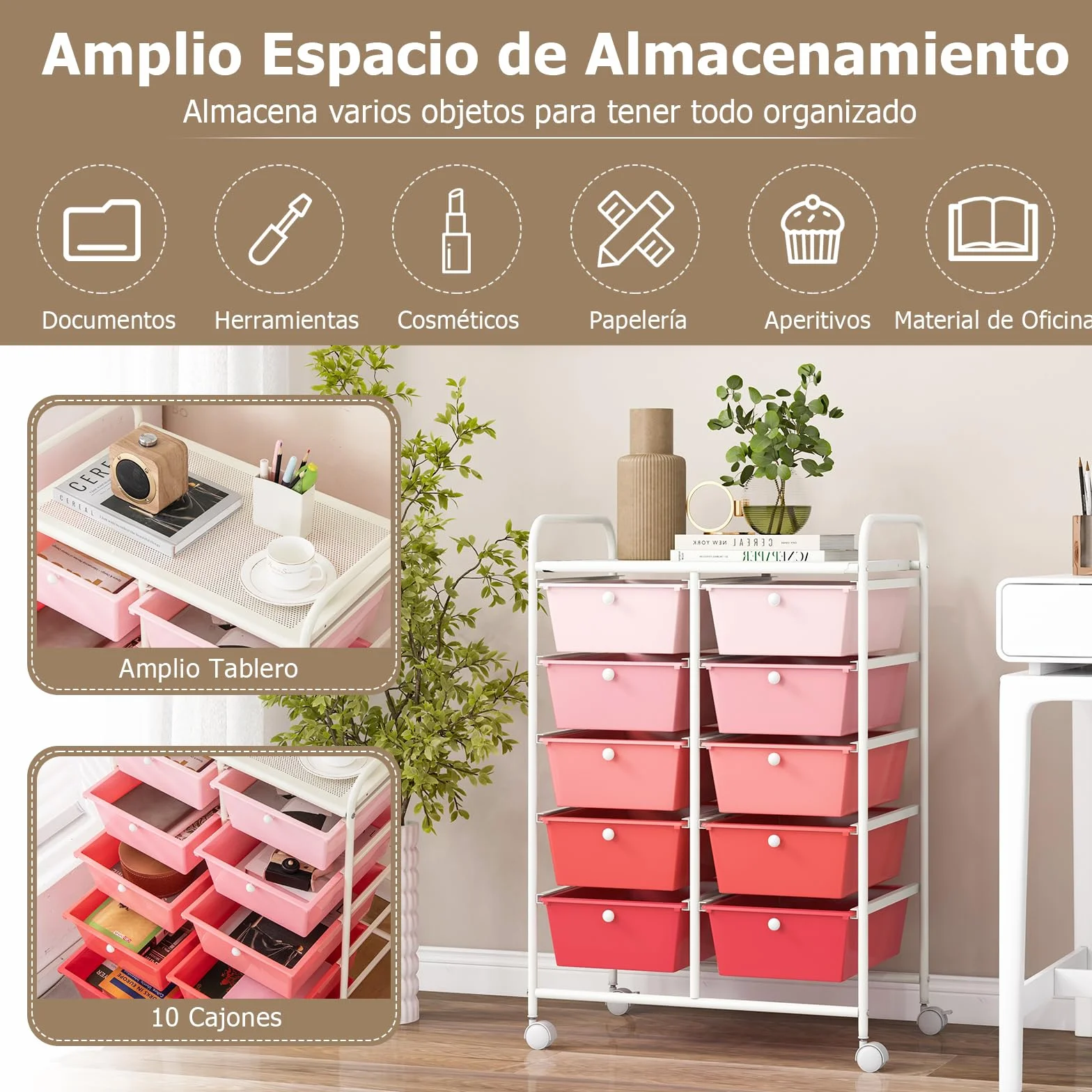 GOPLUS Carrito Auxiliar con 10 Cajones y Ruedas Giratorias Bloqueables, Organizador de Almacenamiento, Carrito de Utilidad Ligero y de Multiusos para la Escuela Oficina Casa (Rosa)